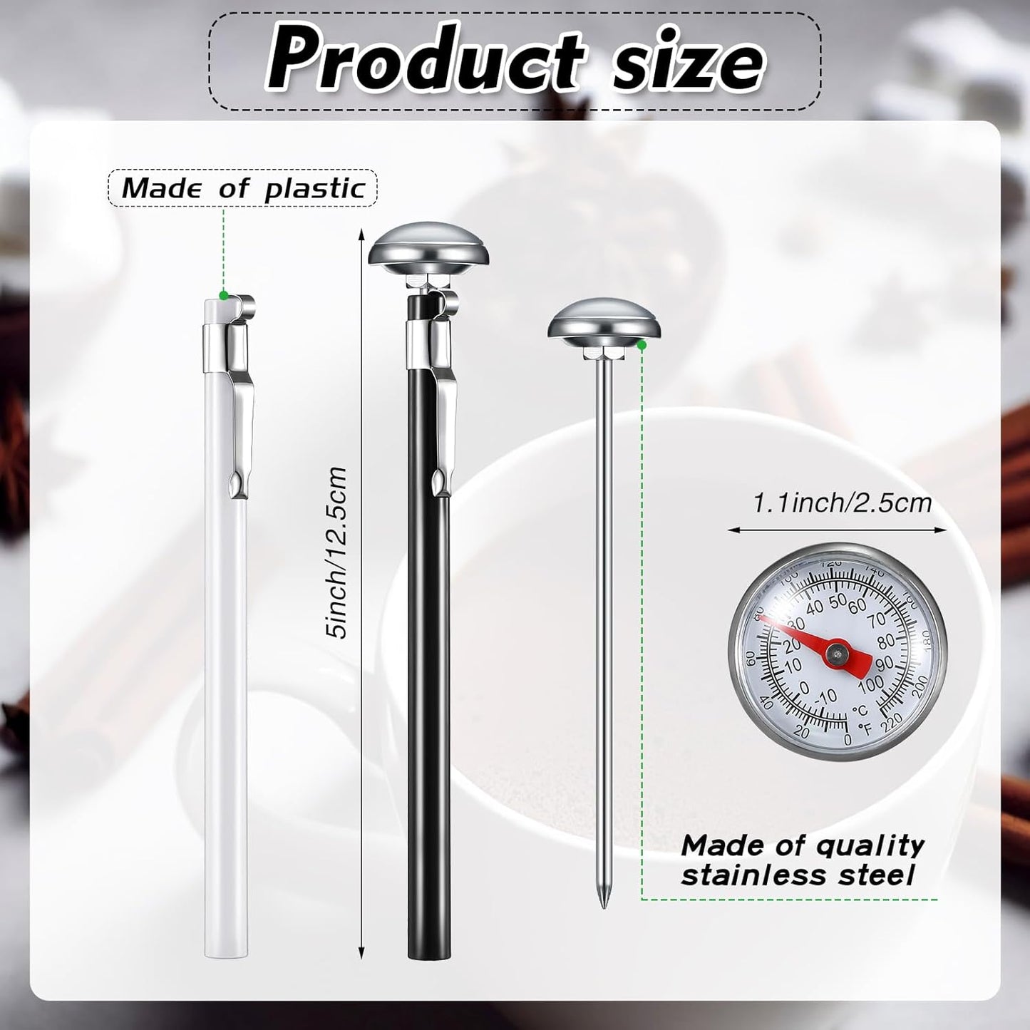 Xuhal 6 Pcs Stainless Steel Kitchen Thermometer with 5 Inch Long Stem 1 Inch Dial Thermometer Milk Frothing Food for Oven Probe Meat Grill BBQ Cooking Chocolate Water(Black, Red, White)