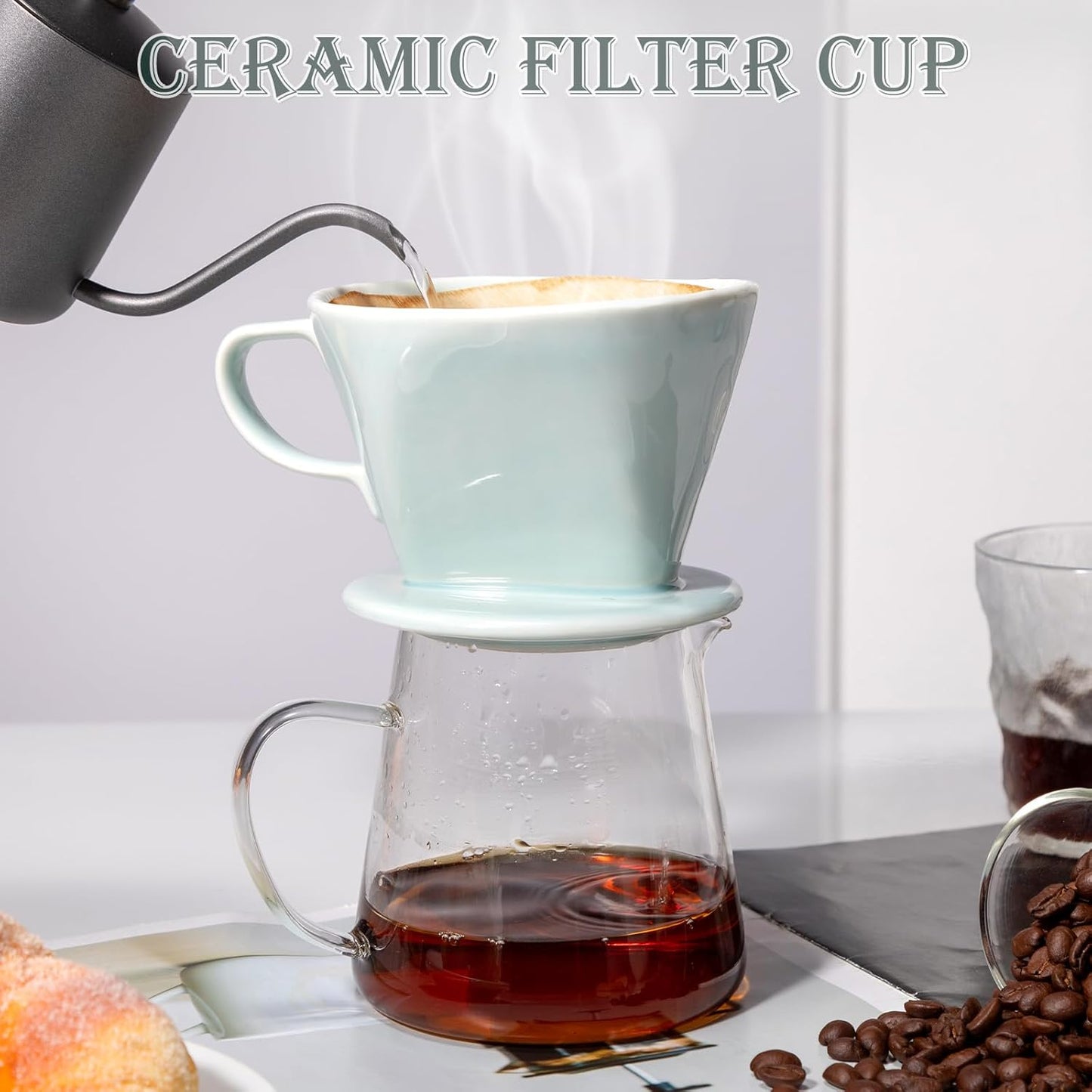Pour Over Coffee Dripper, Ceramic Pour Over Coffee Maker with 3 Holes Flat Bottom, Easy Manual Brew Maker, Porcelain Slow Filter Cone for Travel, Camping, Office, Home, GR