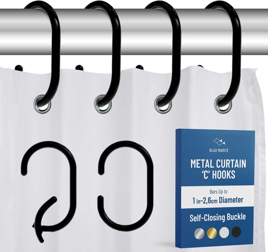 12 Metal Shower Curtain Hooks, Rust-Proof Decorative C-Shaped Curtain Hooks for Bathroom, Black Shower Curtain Rings, Fits Rods Up to 1 Inch (C, Black)