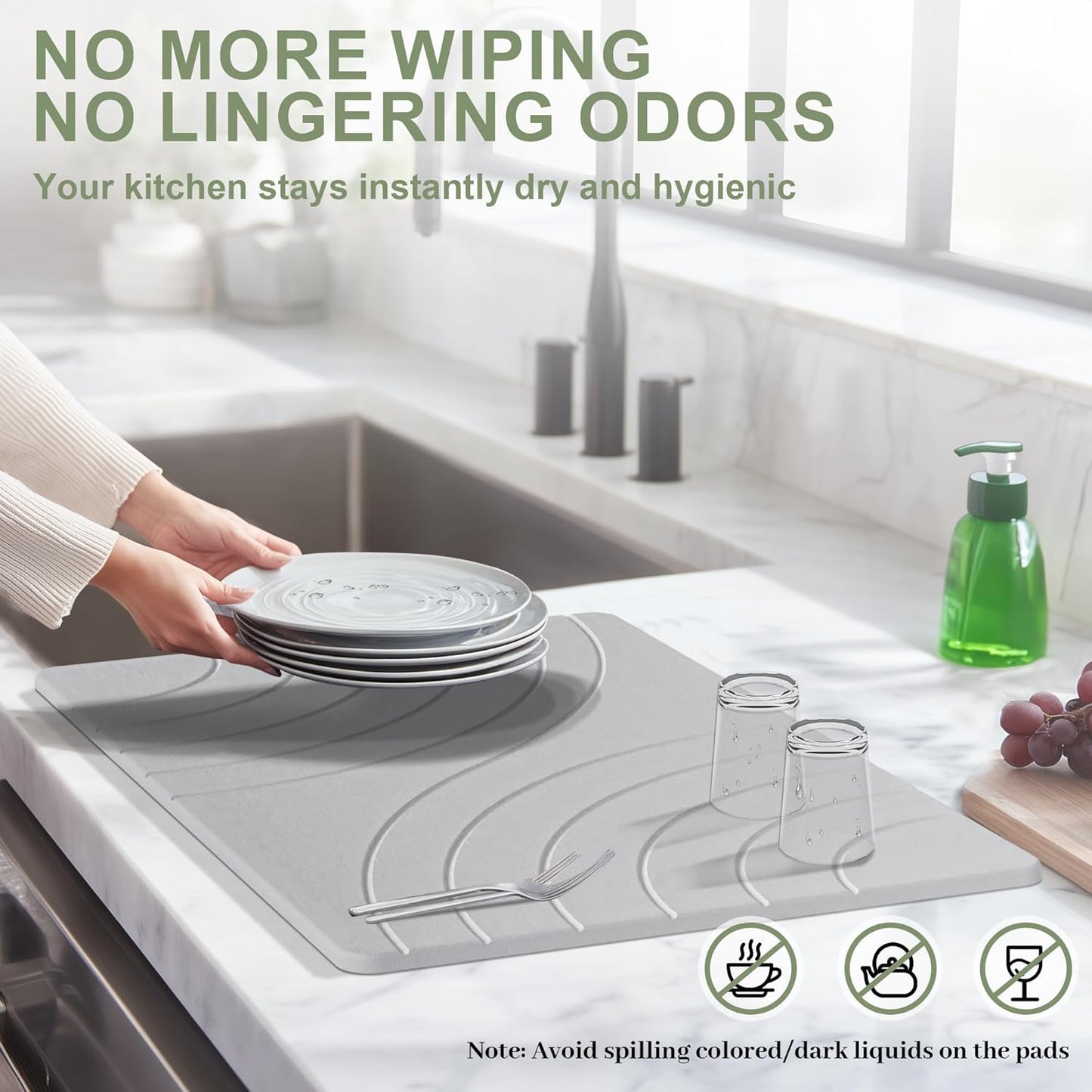 Large Stone Drying Mat for Kitchen Counter, 24" × 16" Diatomite Dish Drying Mat, Quick Dry Stone Mats, Ultra Absorbent Natural Diatomaceous Earth Mats for Dished, Bottles, Grey