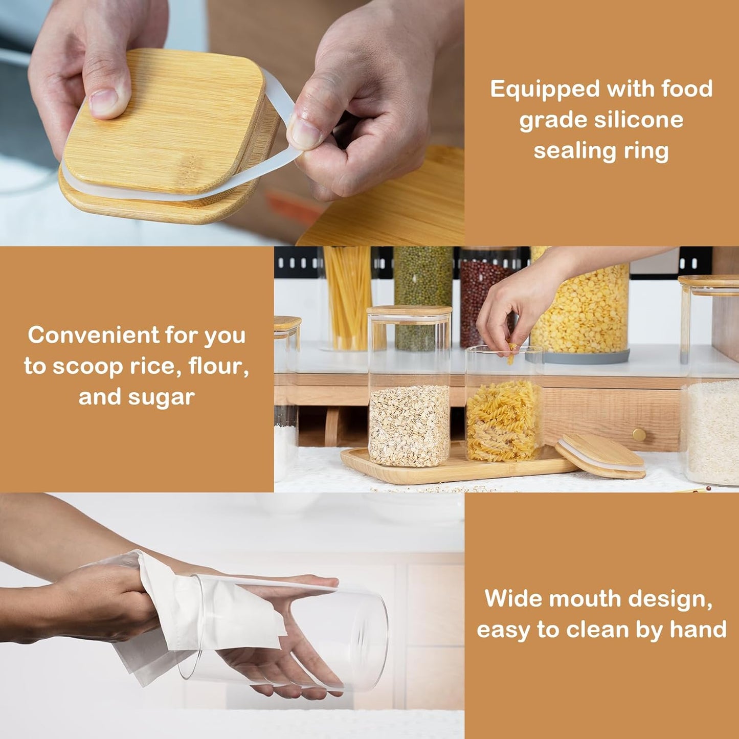 122oz Airtight Glass Square Storage Canister with Bamboo Lid Set of 1 (3600ml) Gallon Glass Jars Large Kitchen Canister for Sugar, Flour, Cookies and Coffee beans (‎with Black Lable)