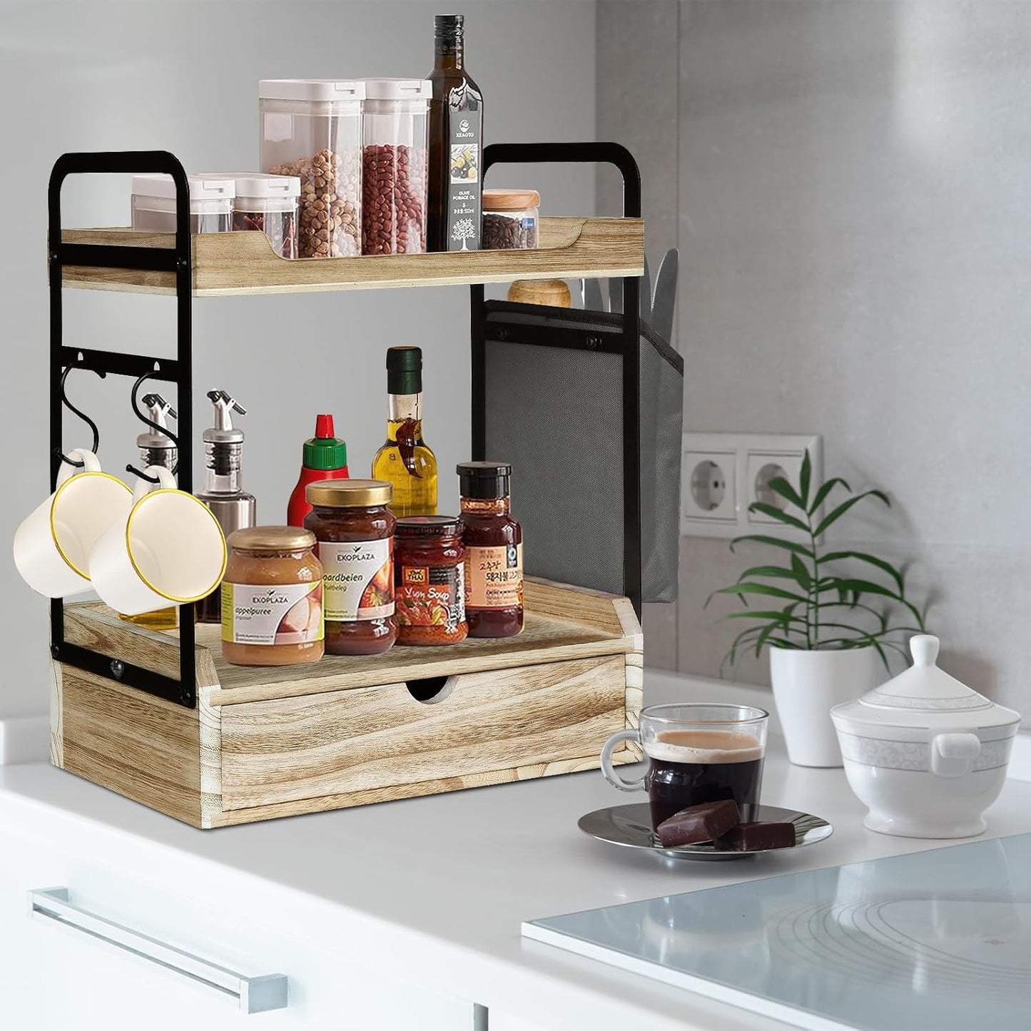 Coffee Station Organizer for Counter, Condiment Storage Caddy for Kitchen with Hooks and Bag,2 Tier Wooden Shelf for Coffee Bar Accessories,Coffee Bar Organizer for Kitchen, Home, Office-Brown