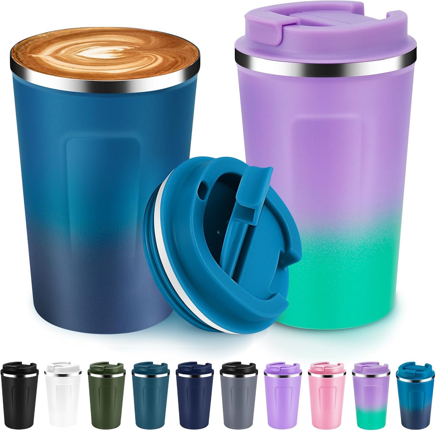 Volhoply 12 oz Double Wall Insulated Vacuum Travel Coffee Mugs with Flip Lid Bulk 2 Pack,Reusable Stainless Steel Leak Proof Coffee Cup,Portable Cafe Thermal Tumbler for Hot & Cold Drinks(Mix,2 Set)