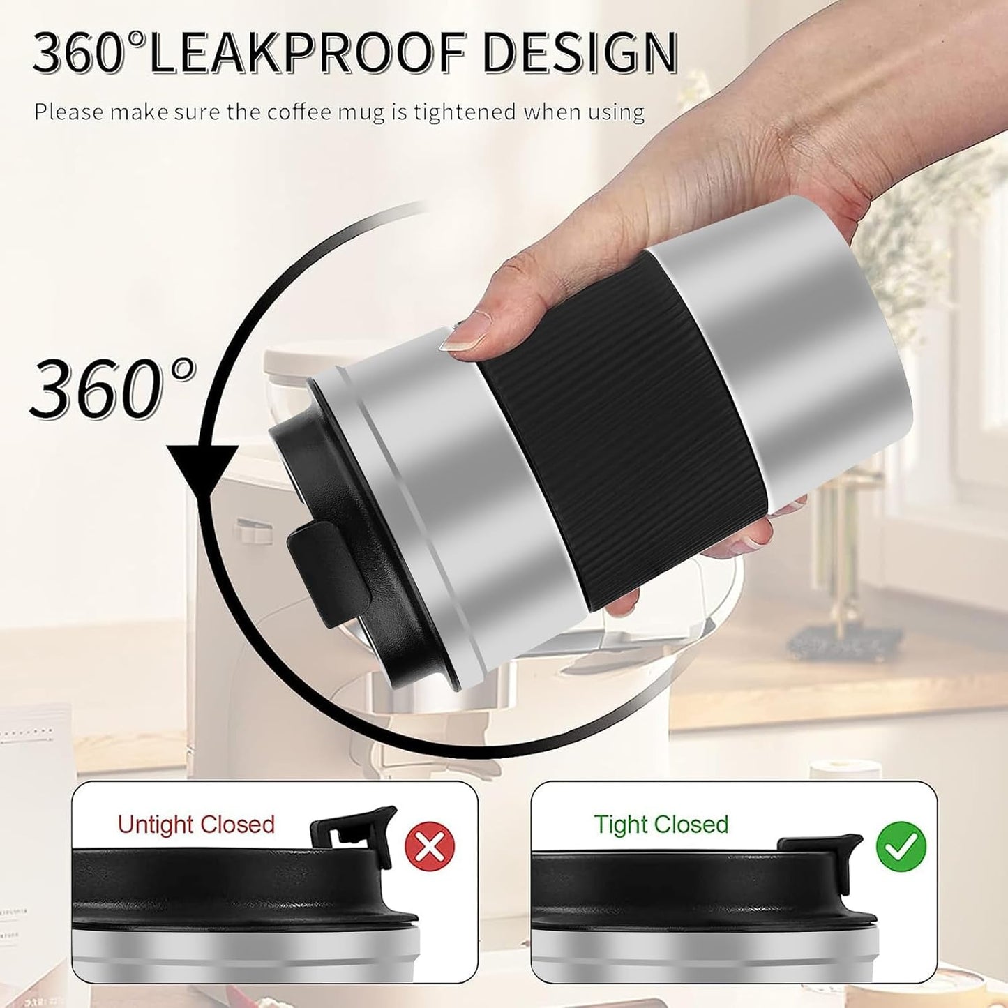 YINBAOGE Insulated Travel Coffee Mug Spill Proof Leak Proof Pobtable To Go Camping Stainless Steel Coffee Tumbler Reusable Coffee Cups with Lids Thermos for Hot and Cold Drink (Silver black, 17 OZ)