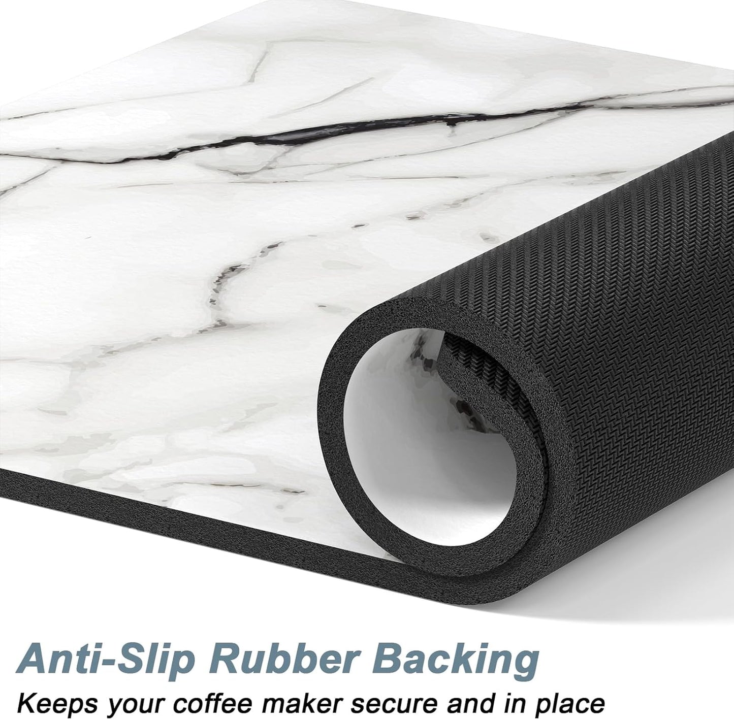 Rnivvi Coffee Mat, 12" x 19" Cute Marble Style Coffee Bar Mats for Espresso Machine Station Accessories and Organizer, Hide Stain Rubber Backed Absorbent Dish Drying Pad for Kitchen Counter, White