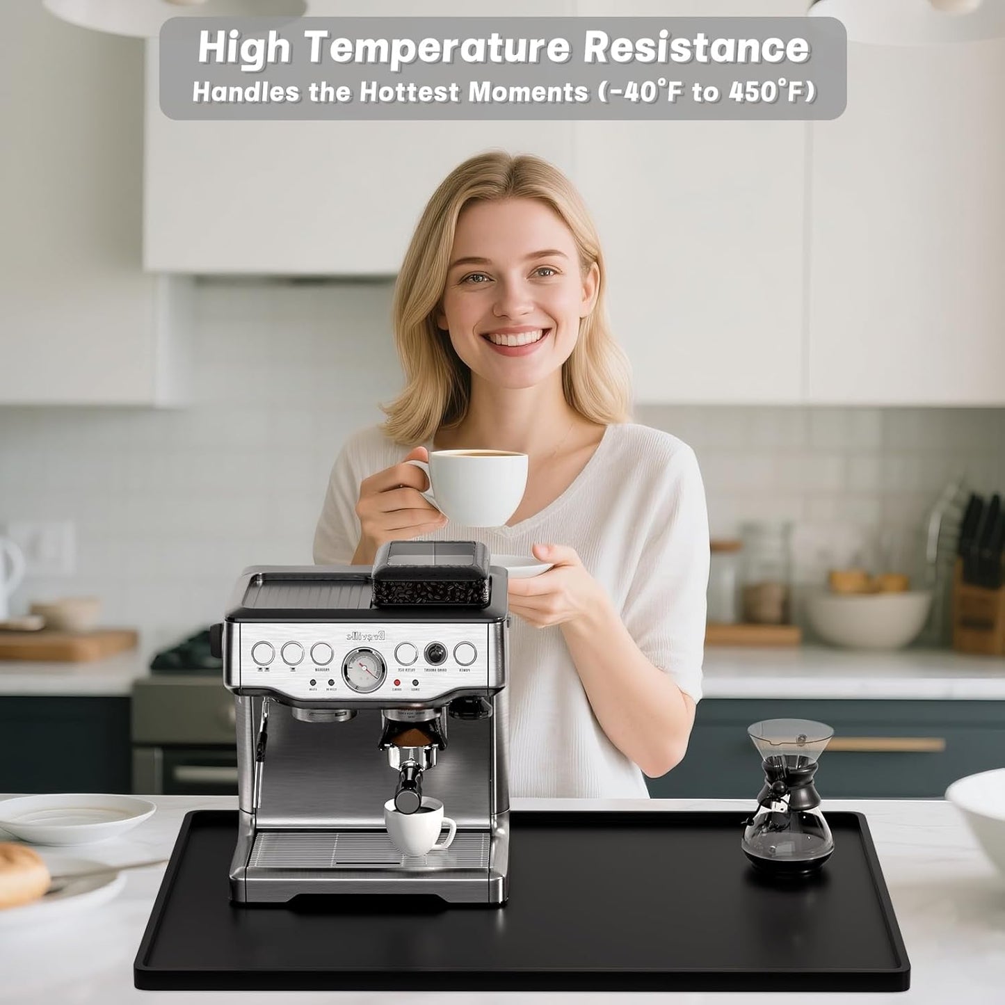 Rnivvi Silicone Coffee Mat, 12" x 19" Waterproof Raised Edge Coffee Bar Mats for Espresso Machine Station Accessories, Heat Resistant Dish Drying Pad for Kitchen Counter, Rubber Bar Decor Pad, Black