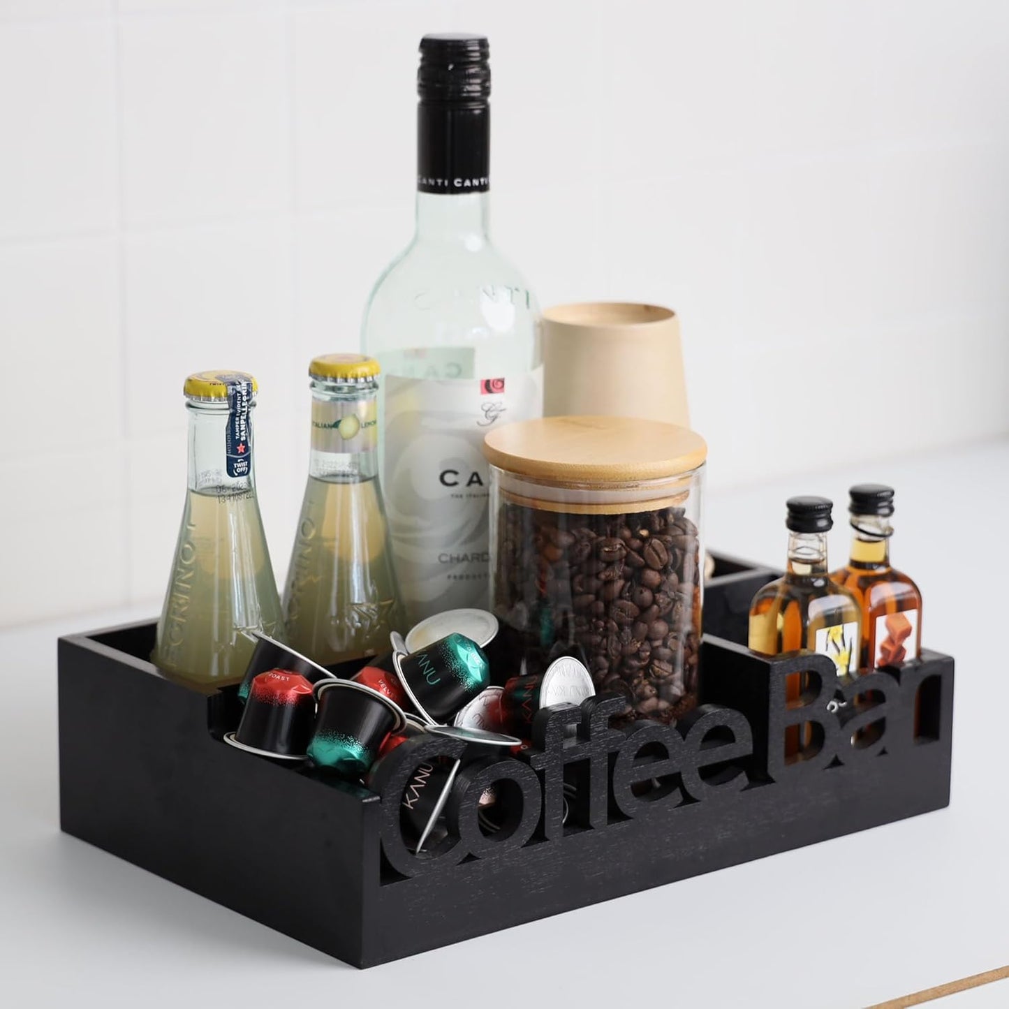 Coffee Bar Organizer for Countertop – Wooden Coffee Caddy with Compartments for Pods, Creamer, Sugar Packets, and Accessories – Coffee Station Storage for Home and Office (Black)