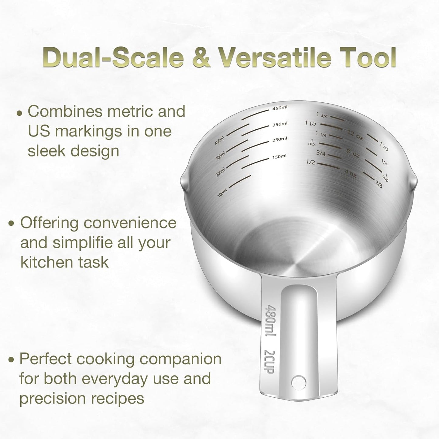 1PCS 2Cup (480ml, 16oz) Single Measuring Cup, Etched Inner Scale Stainless Steel Measure Scoop, Metric and US Measurement, Dishwasher Safe