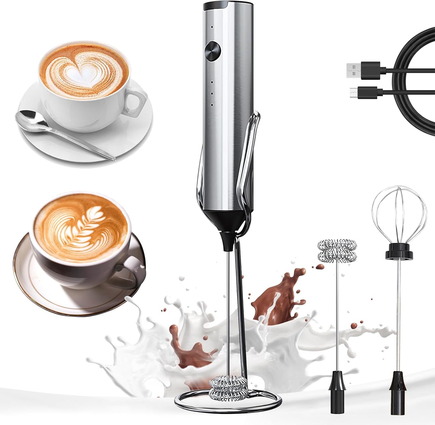 YARRAMATE Rechargeable Milk Frother Wand Handheld With Stand, 3 Speed Adjustable Drink Mixer with 2 Whisks, Stainless Steel Electric Stirrer for Coffee, Lattes, Protein Shakes, Matcha, Egg