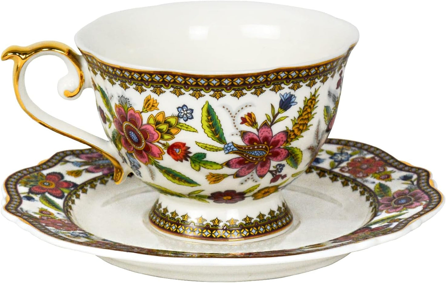 ACMLIFE Bone China Tea Cup and Saucer Set for 1, Vintage Floral Tea Cup with Saucer, Spoon and Gift Box, 6.8 oz (Pink-A)