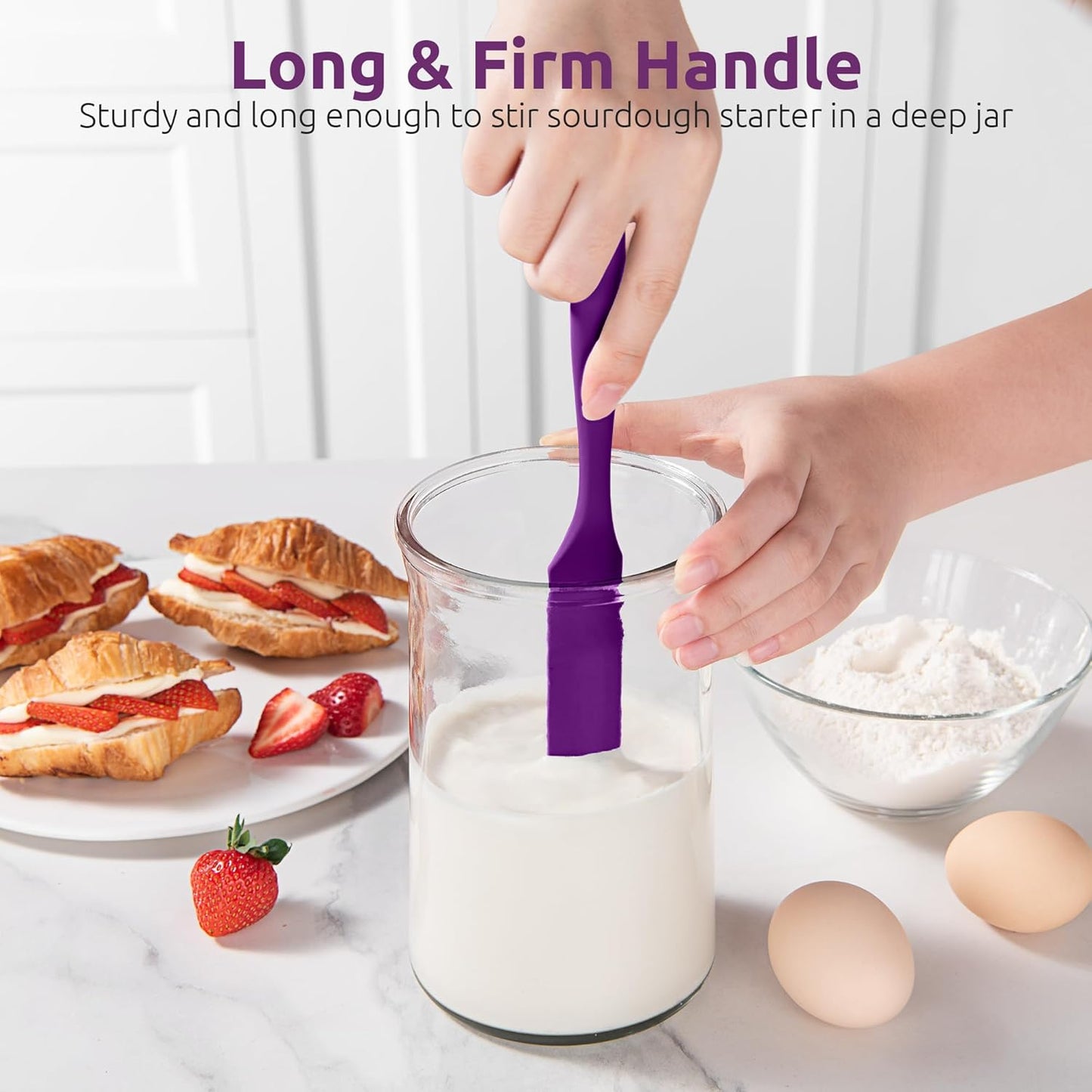 U-Taste Skinny Silicone Jar Spatula: 600ºF Heat-Resistant Food-Grade 10in Long Narrow Sourdough Stirring Stick, Seamless Flexible Peanut Butter Spreader for Scraping Icing Bread Cream, Jam (Purple)