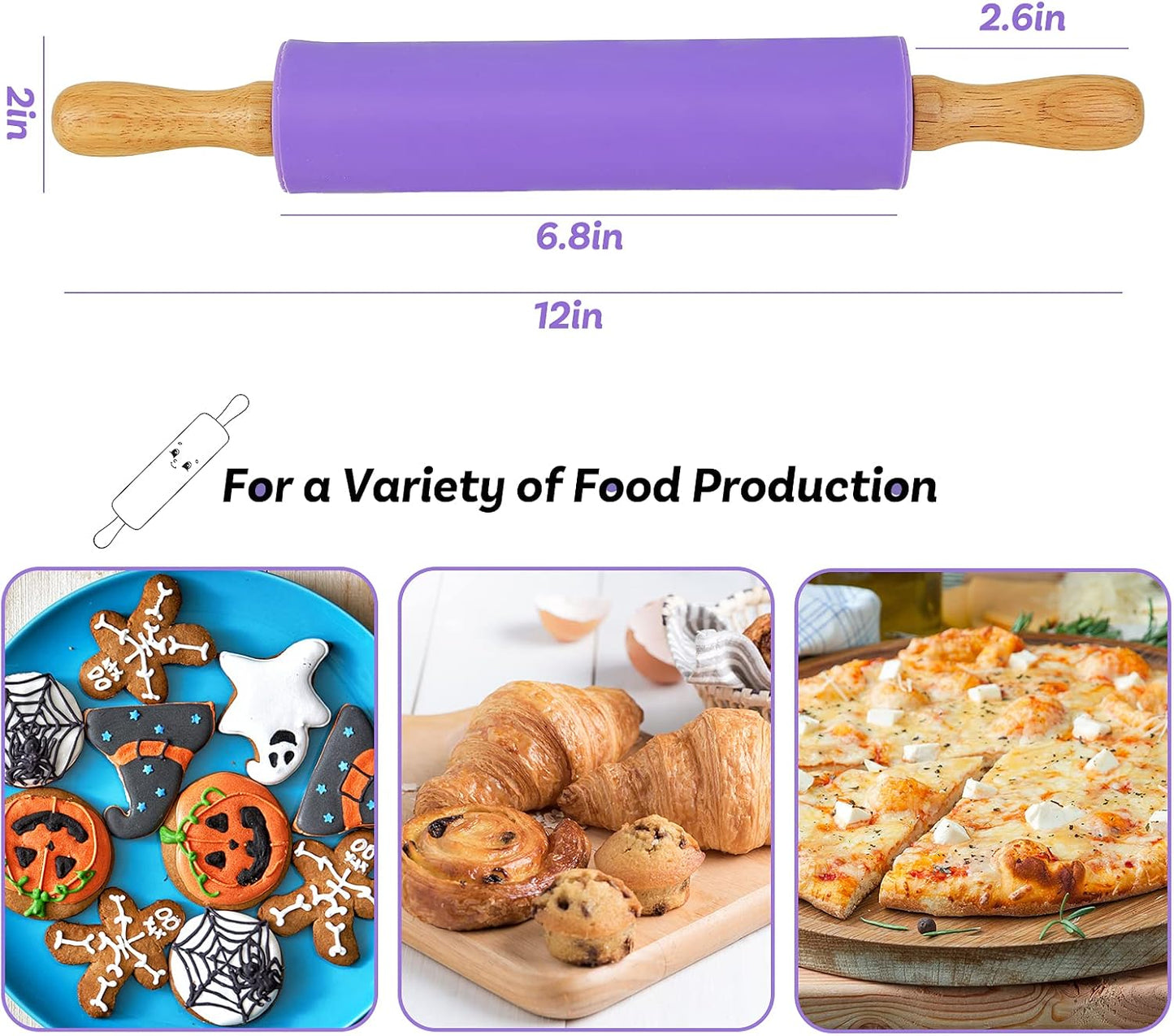 Koogel Rolling Pin for baking, 12 Inch Non-Stick Silicone Handle Rolling Pin for Kids Kitchen Activity