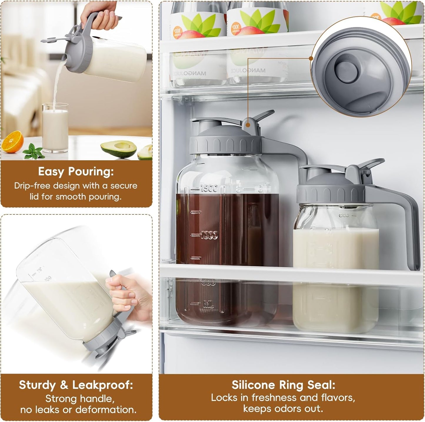 Glass Mason Jar Pitcher, 64 oz Wide Mouth Jug with Pour Spout Handle Lid for Cold Brew Coffee, Ice Beverage, Iced Juice, Lemonade, Sun Tea, Fruit Drinks Container