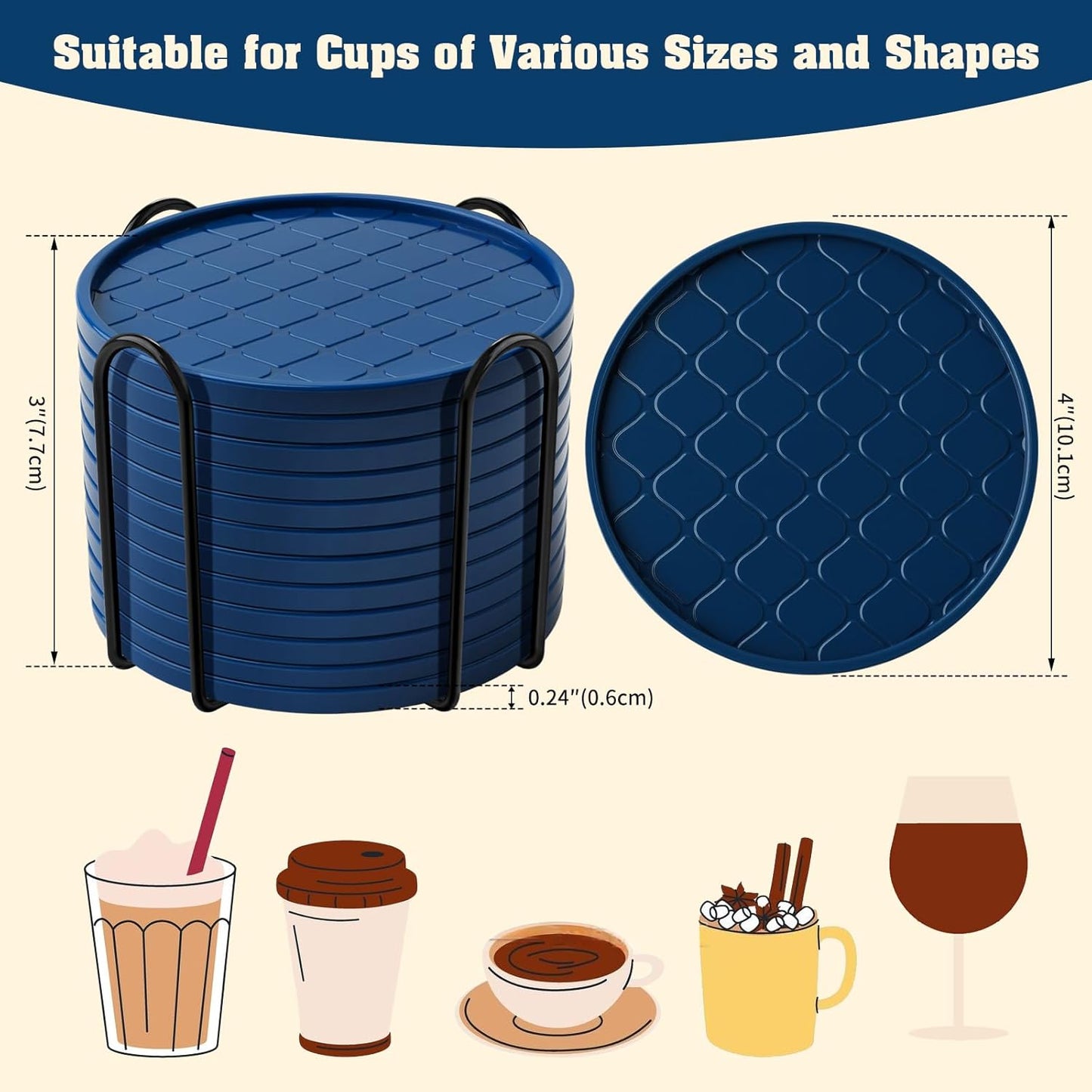 Coasters,Drink Coasters Set of 8 with Holder (Navy Blue, 12pcs)