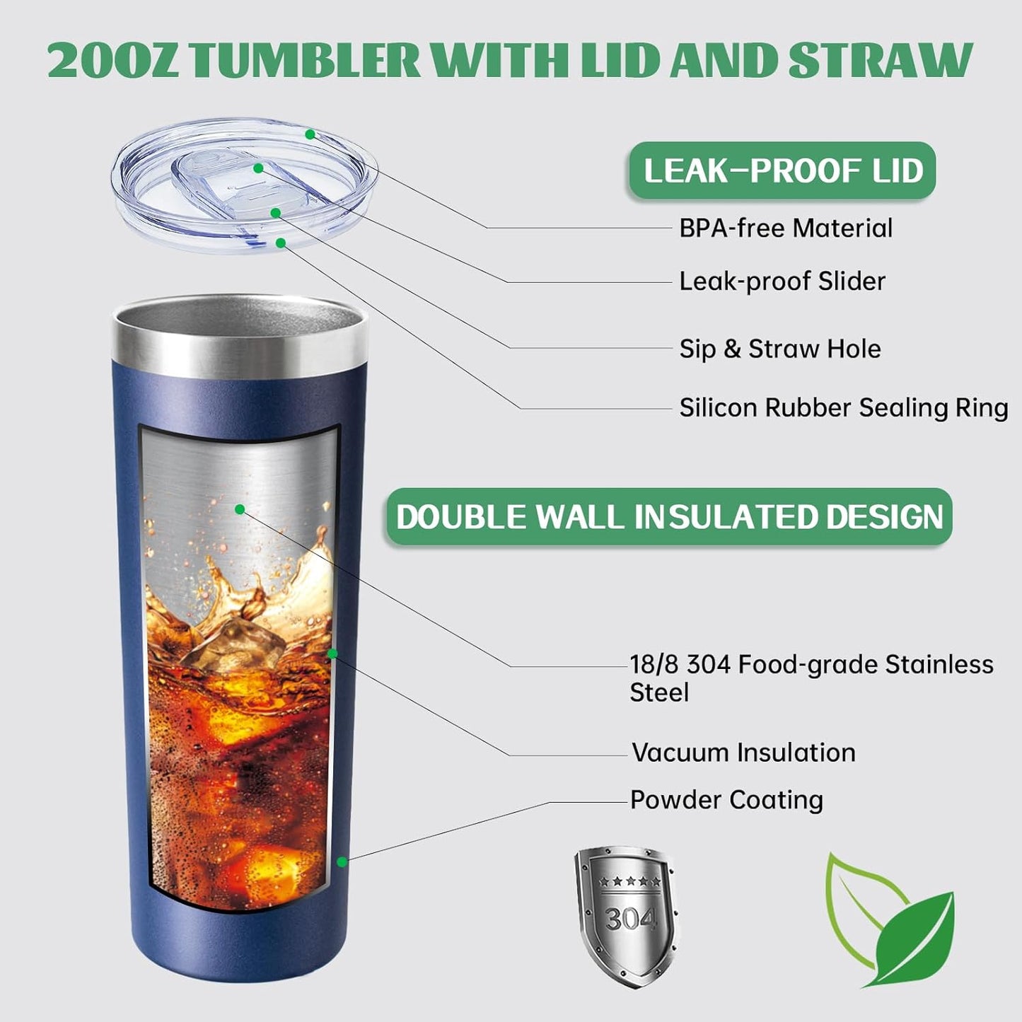 20 oz Skinny Tumbler with Lid and Straw,Stainless Steel Vacuum Insulated Tumbler Cup Double Wall Leak-proof Coffee Mug,Travel Thermal Water Tumbler for Home,Office,Outdoor(Navy Blue,1)