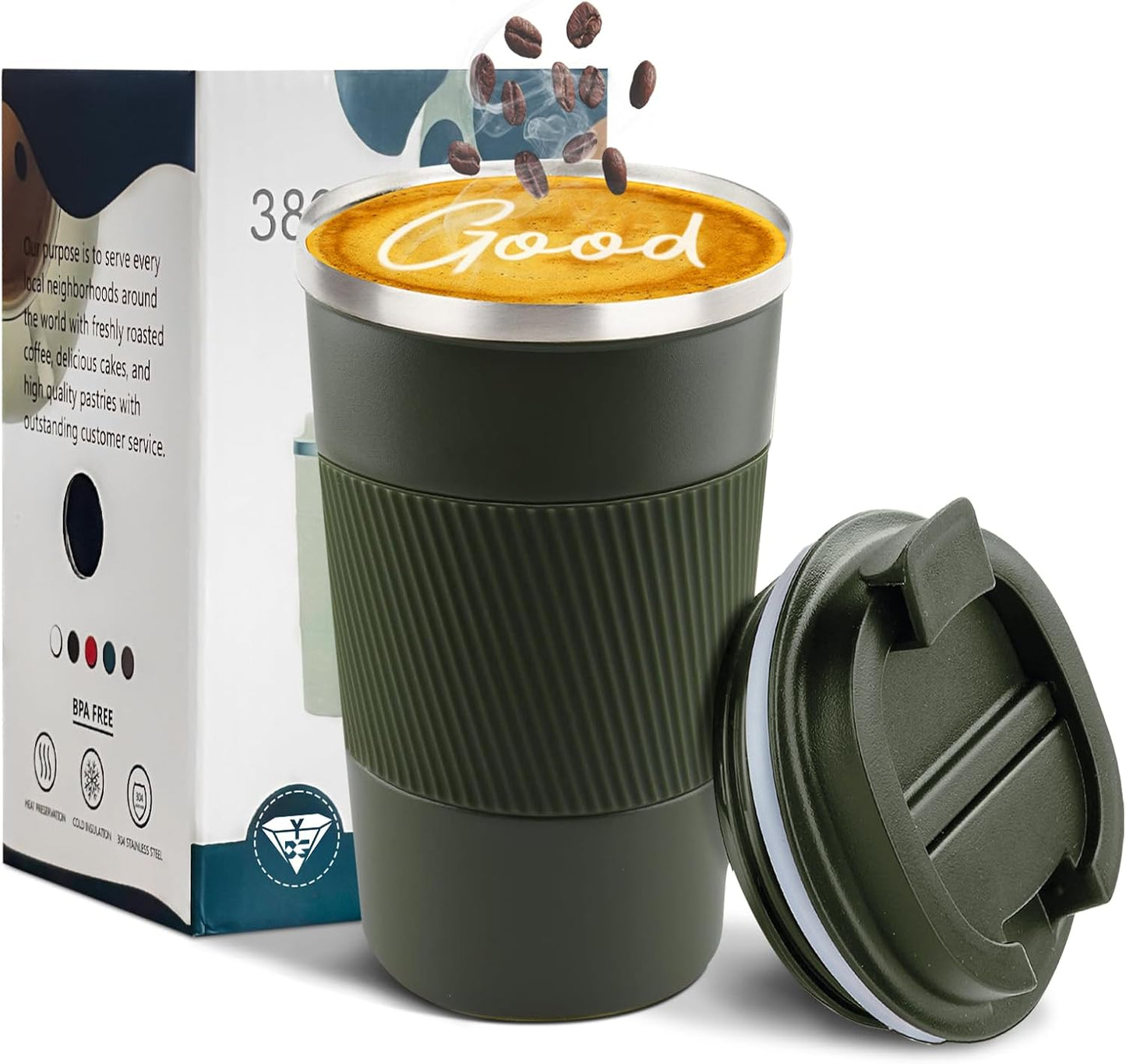 YINBAOGE Insulated Travel Coffee Mug Spill Proof Leak Proof Pobtable To Go Camping Stainless Steel Coffee Tumbler Reusable Coffee Cups with Lids Thermos for Hot and Cold Drink (Green, 17 OZ)