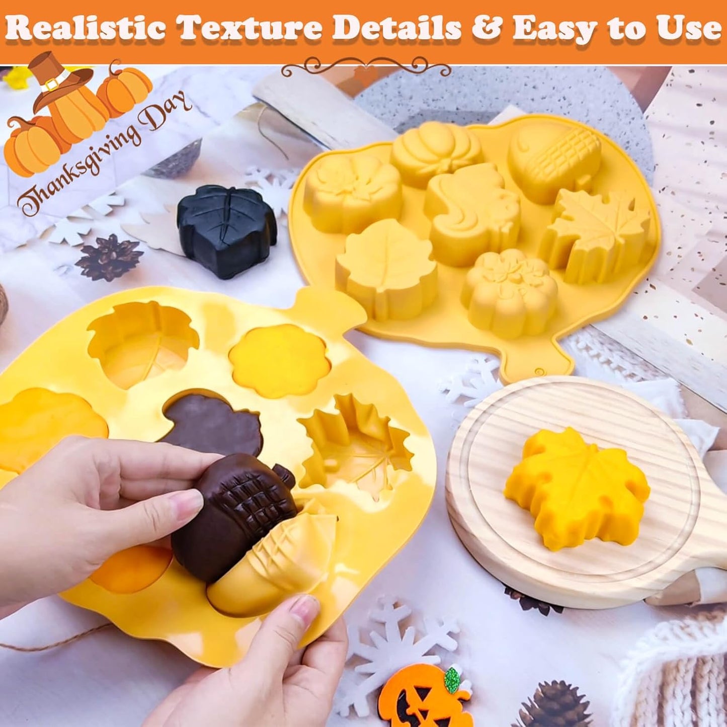 Halloween & Thanksgiving Silicone Molds - 3PC Autumn Cake Molds Set with Acorn Pumpkin Maple Leaf Shapes 21-Cavity Baking Pan for Chocolate Candy Cheesecake Ice Cube Jelly Pudding Soap Candle Making