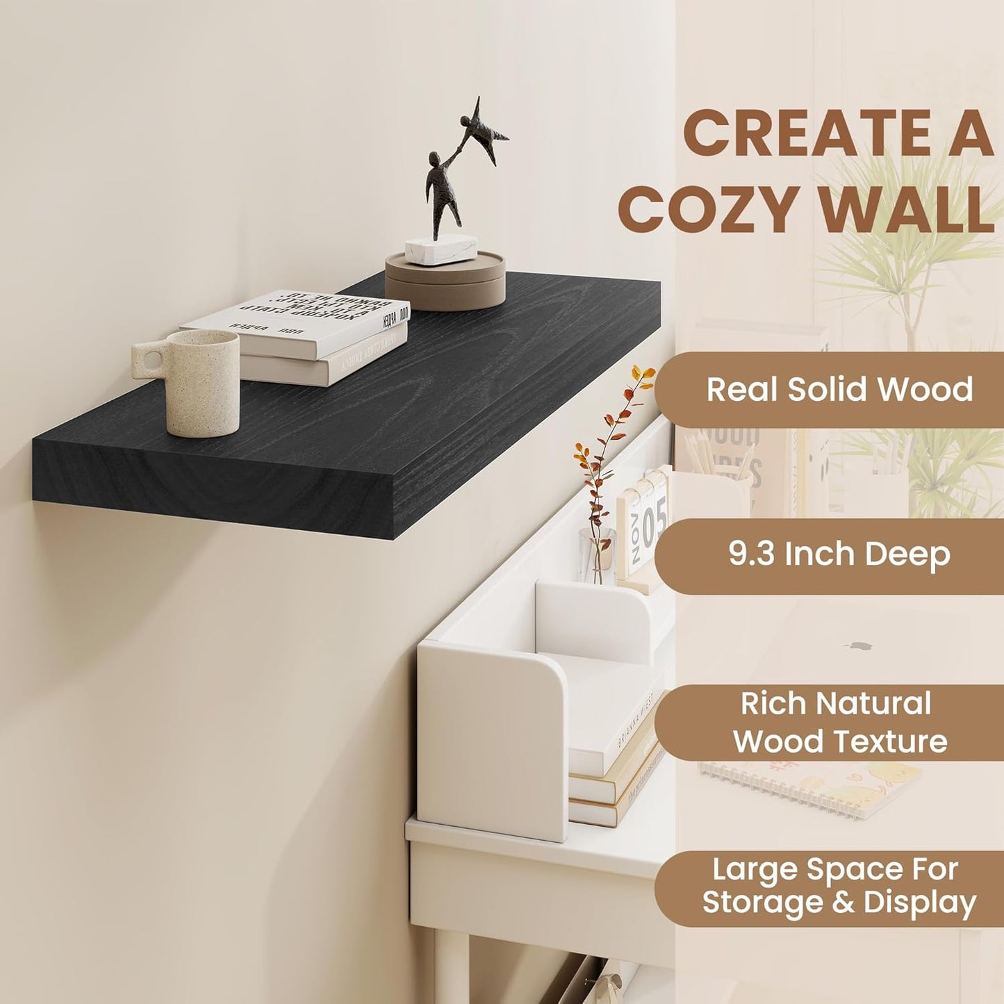 Fun Memories 9 Inch Deep Black Floating Shelves, Farmhouse Rustic Natural Wood Floating Shelf Wall Mounted, 16 x 9 Wall Shelves Set of 2, Deep Black Bathroom Shelves