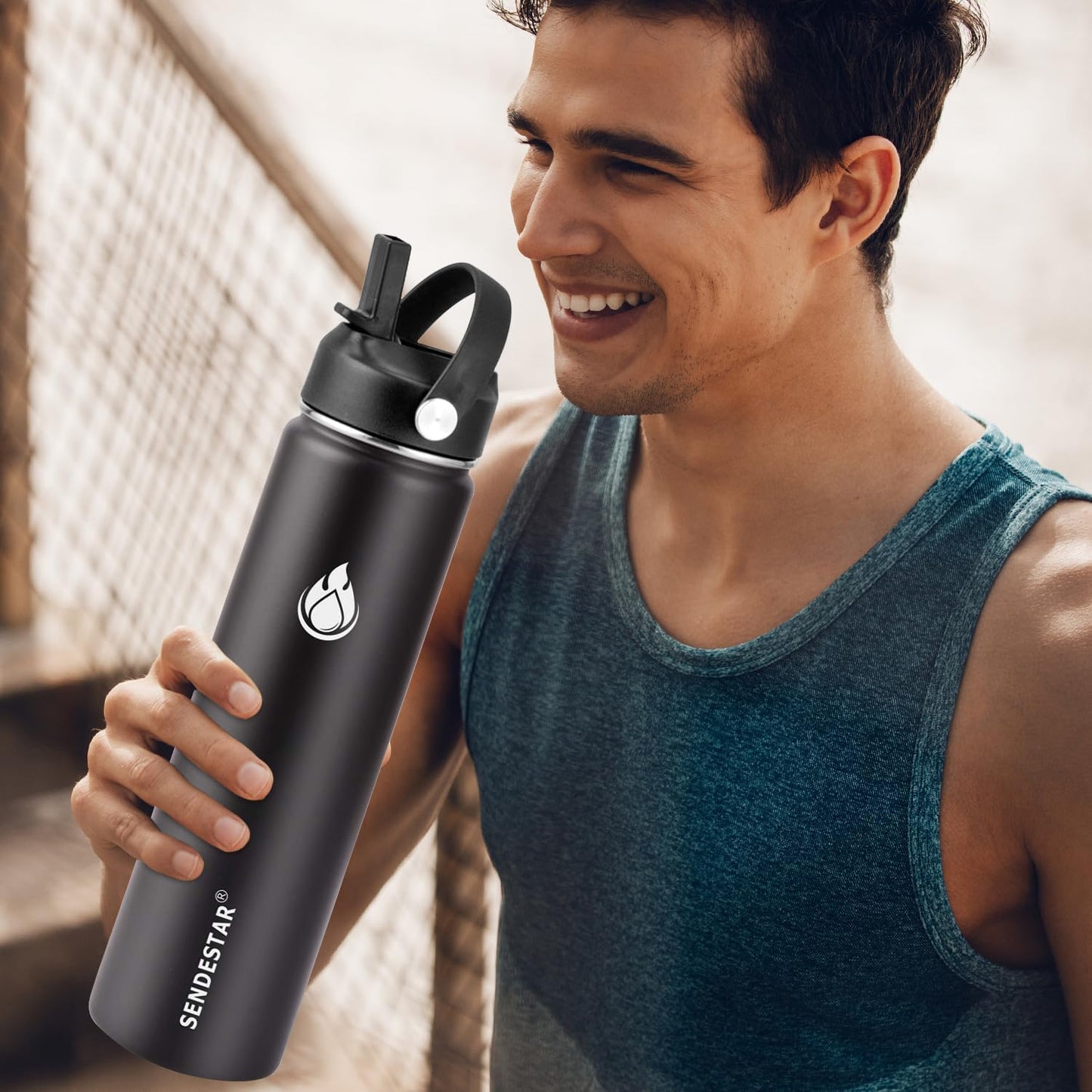SENDESTAR Stainless Steel Water Bottle, Wide Mouth 32 oz Water Bottle with Straw Lid, Spout Lid, Double Wall Vacuum Insulated Leak Proof, Keeps Liquids Hot or Cold (Black)