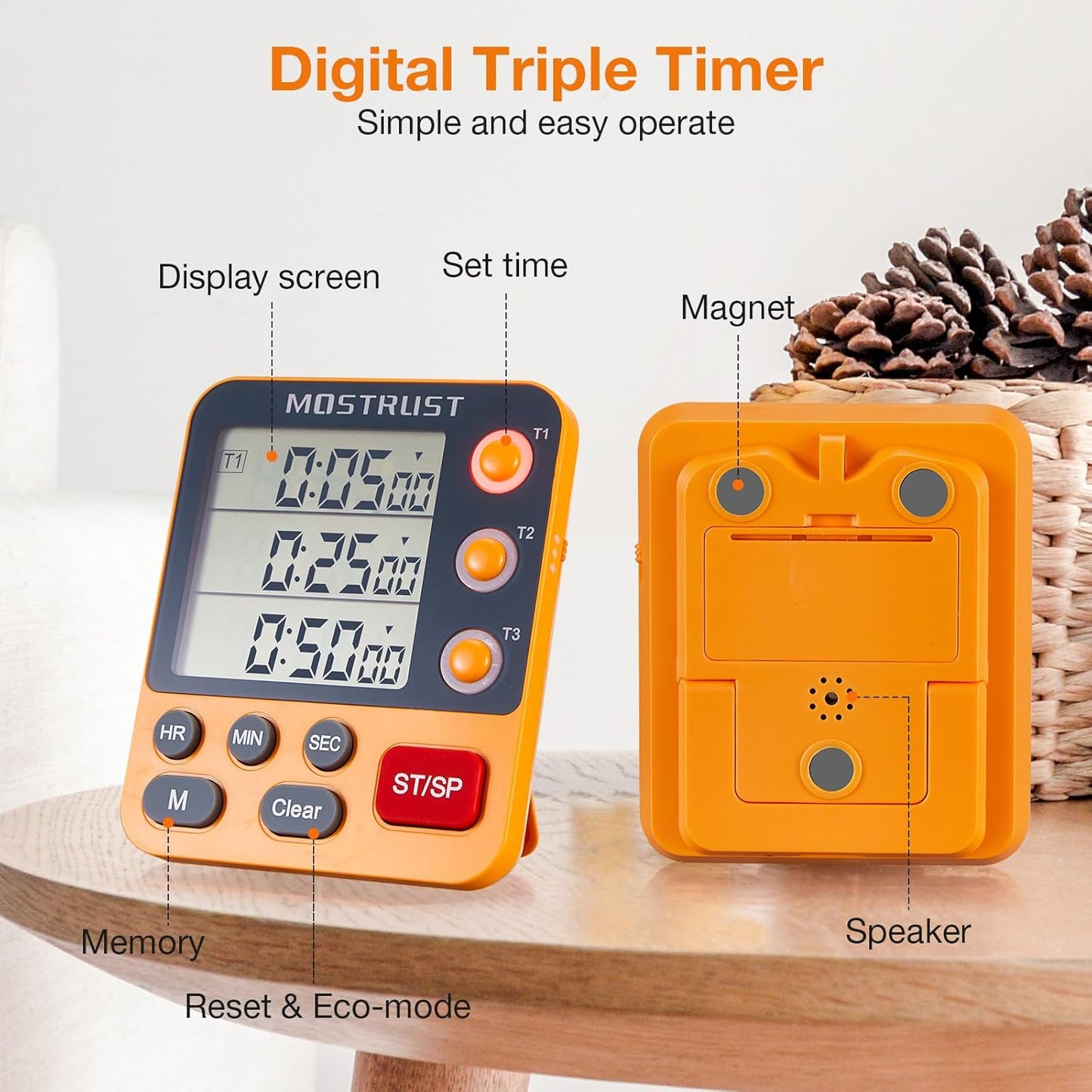 Digital Dual Kitchen Timer, 3 Channels Countdown Triple Timer for Cooking, Magnetic Memory-Preset Large-Display Adjustable Alarm Volume, Multi Times Management, 3A Battery Included, Green