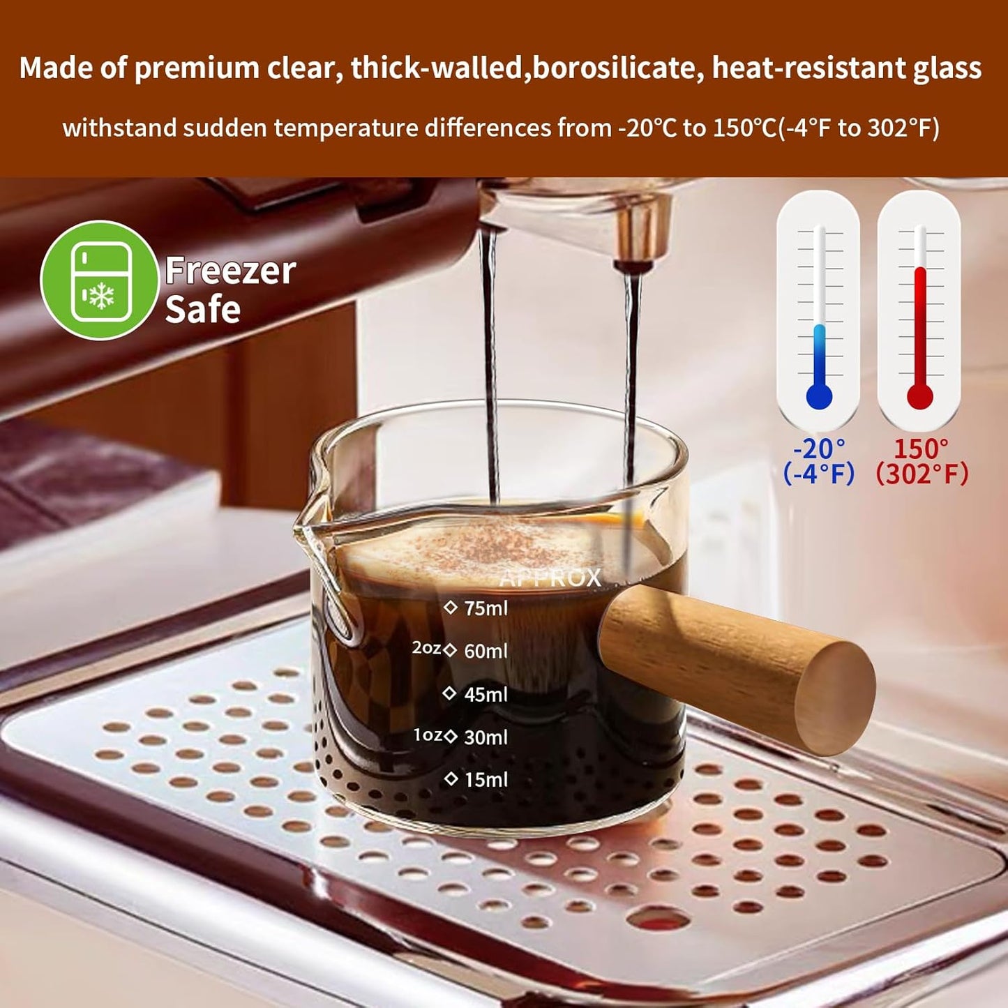 YARRAMATE 3.4oz Espresso Shots Cup with Wood Handle, Clear Glass Espresso Measuring Cup with Dual Scale, Shot Glass with Single Spout