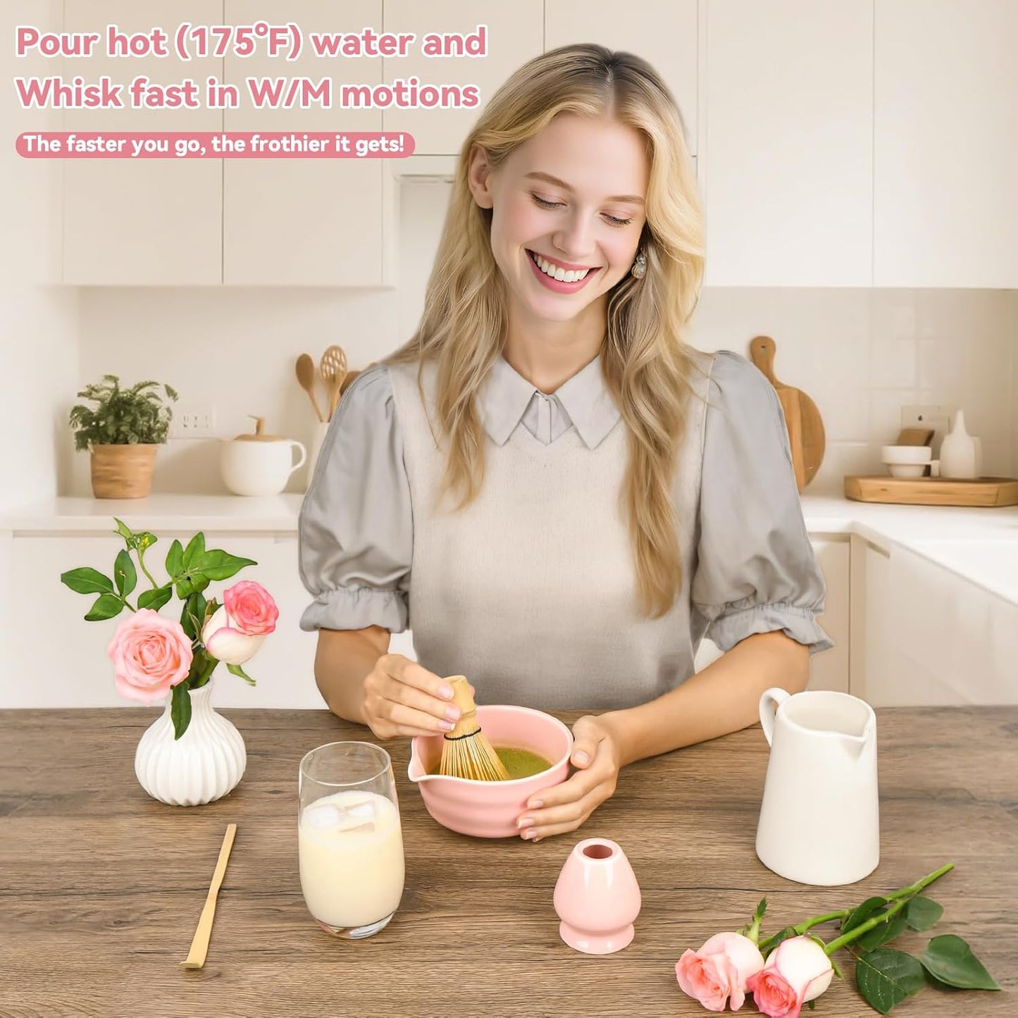 Pink Matcha Whisk Set - Ceramic Matcha Making Kit with Bamboo Whisk, Scoop, Bowl, Ceramic Holder & Sifter –5 PCS Handcrafted Elegant Japanese Tea Ceremony Tools Gift for Matcha Lovers