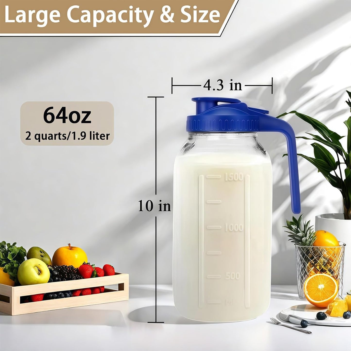 64oz Glass Pitcher with Handle and Lid, 2 Quart Mason Jar Pitcher - Airtight & Leakproof Water Jug with Pour Spout Lid, Glass Containers for Fridge, Perfect for Juice, Cold Brew, Iced & Sun Tea