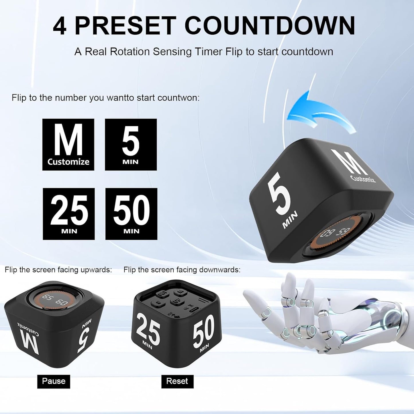 Rotating Cube Visual Timer 5, 25, 10, 50 Min Preset + Custom Countdown, Rechargeable Desk Productivity Flip Timer w/Silicone Case, Silent Mode, Ideal for ADHD Tool Study Work School (Black)