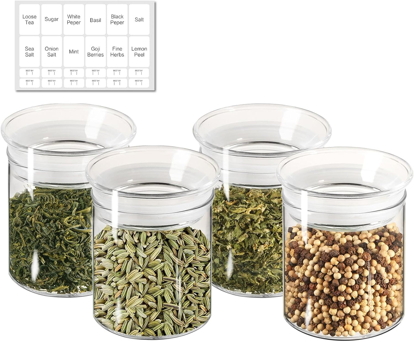 ZENS 10oz Glass Jars with Airtight Lid, 4 Pack Glass Kitchen Canisters Set for Spice, Loose Tea, Small Clear Glass Storage Jars with Labels for Herbs, Sugar