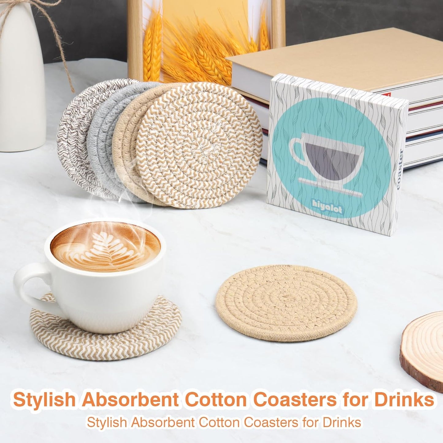 4.8" Khaki Cotton Coasters for Drinks Set of 2 – Absorbent Woven Drink Pads for Coffee & Tea, Boho Minimalist Cup Mats for Desk, Nightstand, Table, Giftable Neutral Coaster Set for Home or Office