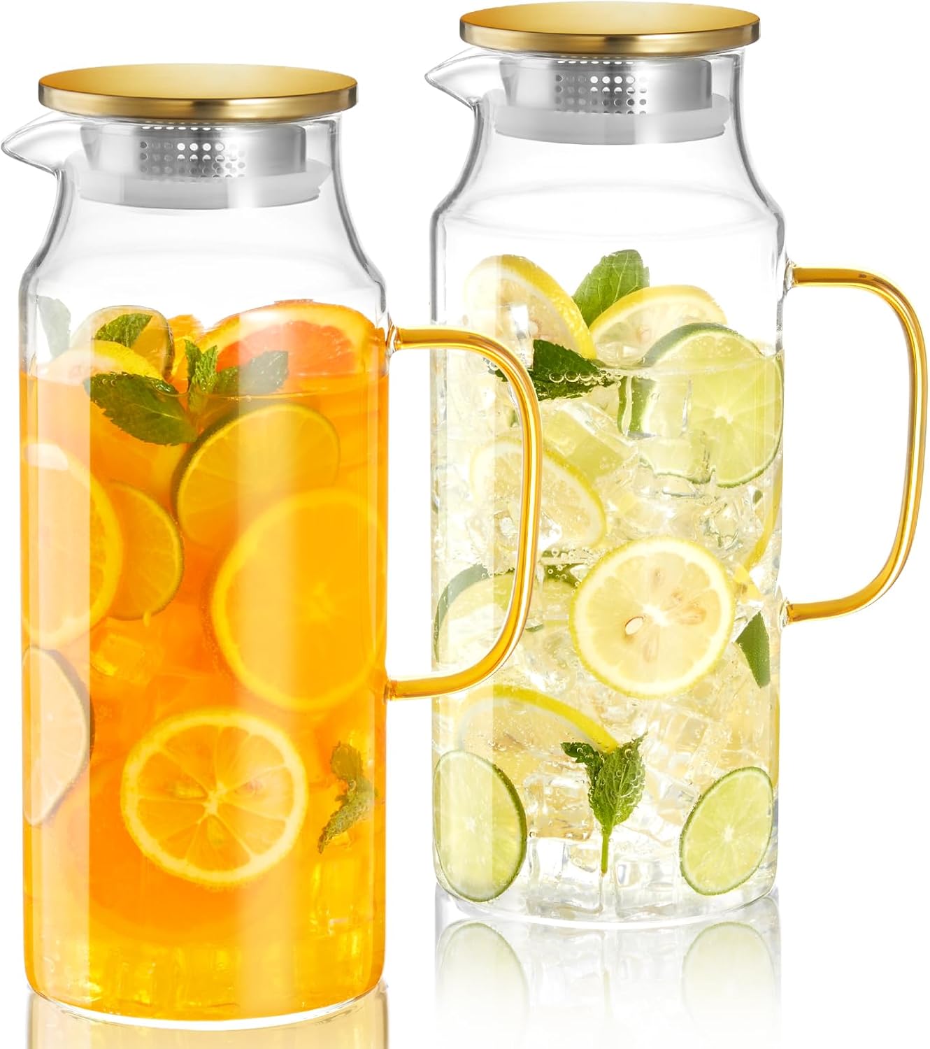 2 Pack 2 Liter 68 oz Glass Pitcher with Lid and Spout, Gold Glass Water Pitcher for Fridge, Glass Carafe for Hot/Cold Water, Large Jug for Iced Tea, Coffee, Juice and Homemade Beverage