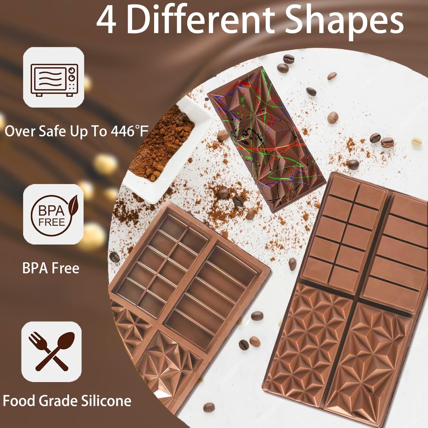 Deep Chocolate Molds Silicone - 4 Different Shapes,Dubai Chocolate Bar Mold,Homemade Candy Bar Baking Molds - Set of 2