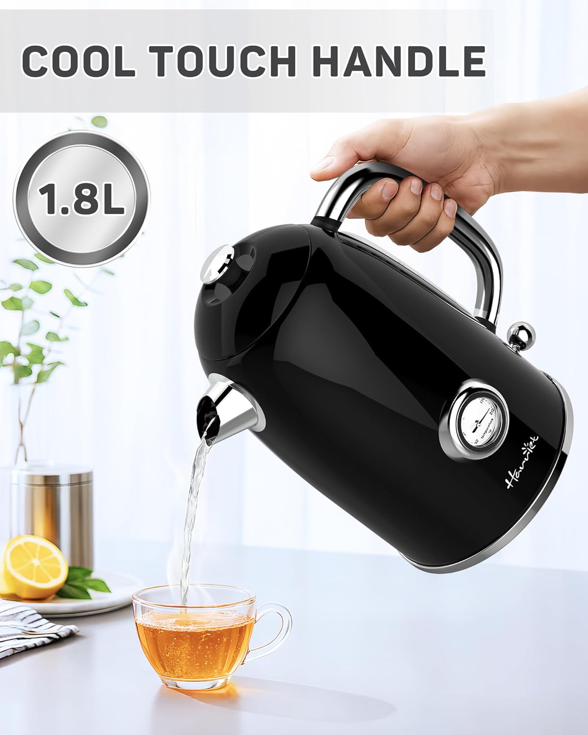 Harriet Electric Kettle, 1.8L Retro Electric Tea Kettle with Thermometer, 1500W Stainless Steel Hot Water Kettle Electric with LED Indicator, Fast Boiling, Cordless, Auto Shut-Off, Black