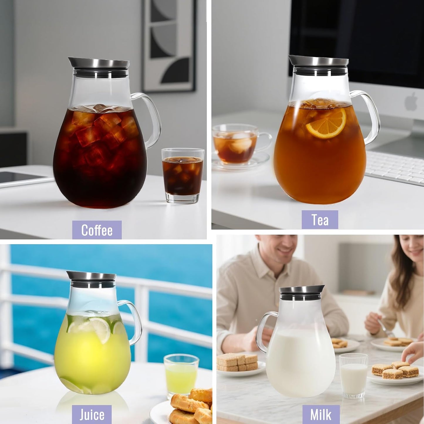 Glass Pitcher, 51 oz Glass Water Pitcher Jug Carafe, 0.4 Gallon Clear Tea Pitchers With Handle And Lid, Pitcher With Lid And Spout for Hot/Iced Water Milk Juice Coffee Fruit