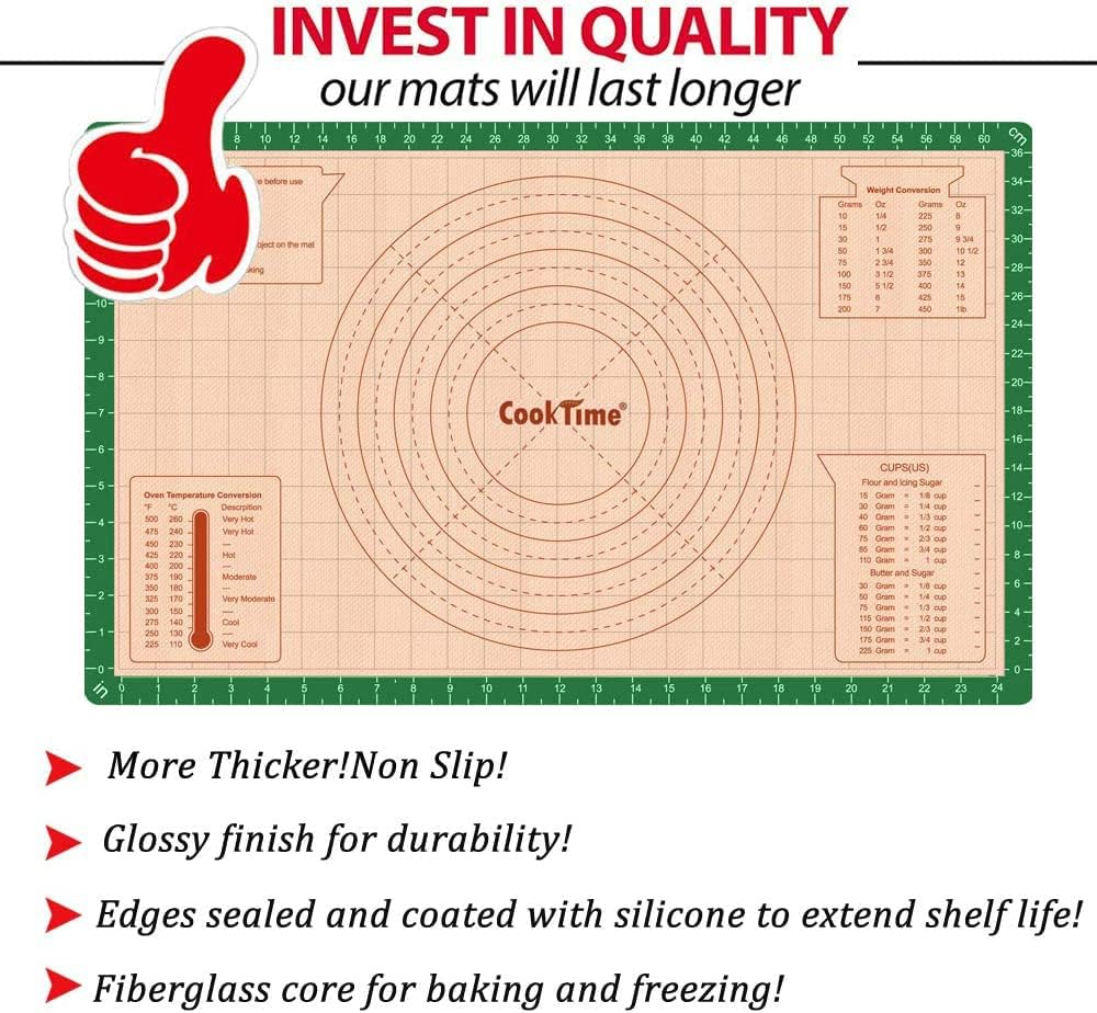 Silicone Pastry Baking Mat Non Stick-Large Rolling Dough with Measurements-Non Slip Pizza,Fondant,Pie,Cake Baking Mat - 26 x 16 Inch By Cook Time(Green)