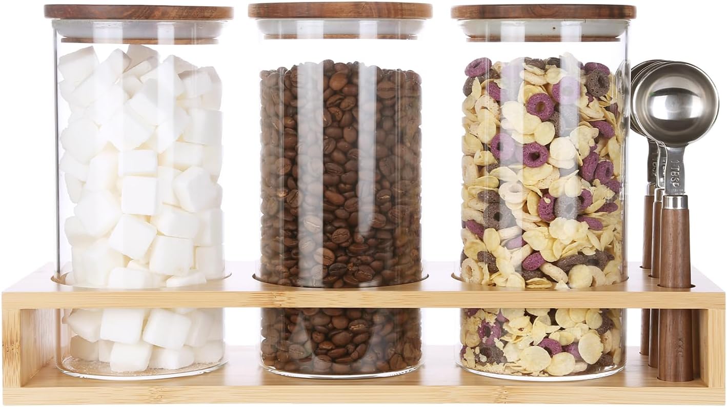 KKC HOME ACCENTS Sealed Glass Containers with Airtight Wood Lids and Scoops for Kitchen Counter,Sealed Jars for Flour,Brown Sugar,Loose Leaf Tea,Coffee Bean or Ground Coffee,39 Fluid-oz