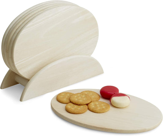 6 Whitewash Wood Serving Boards with Stand, Perfect for Serving, Sushi, Cheese, Hors d'oeuvre, Charcuterie, Sandwiches by Woodard & Charles, 7 Piece Set, 9 1/2" x 6 1/2"