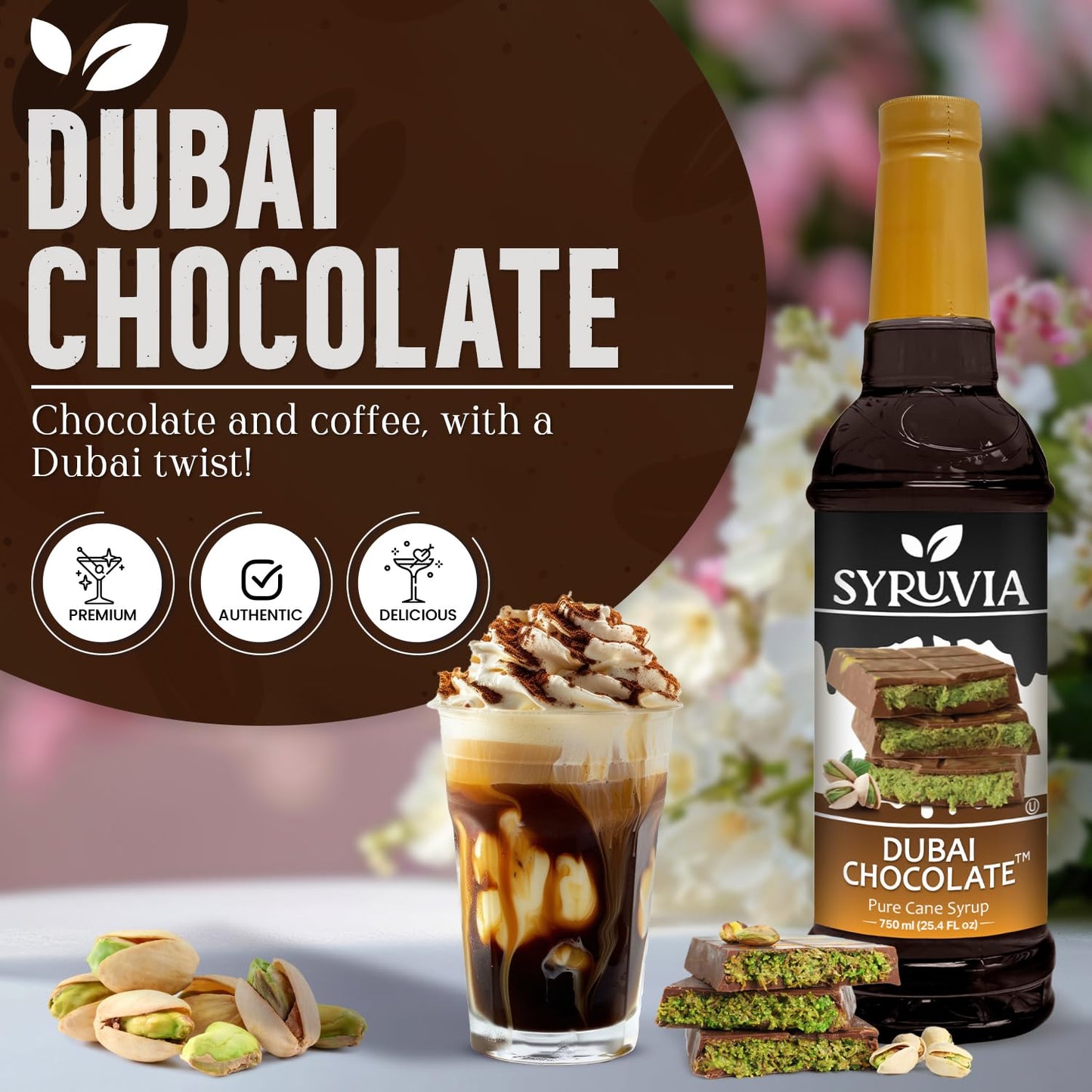 Syruvia Dubai Chocolate Coffee Syrup - 25.4 fl oz - Kosher Syrups, Gluten Free, No Coloring, Perfect for Drinks, Soda, Shakes, Desserts, and More.