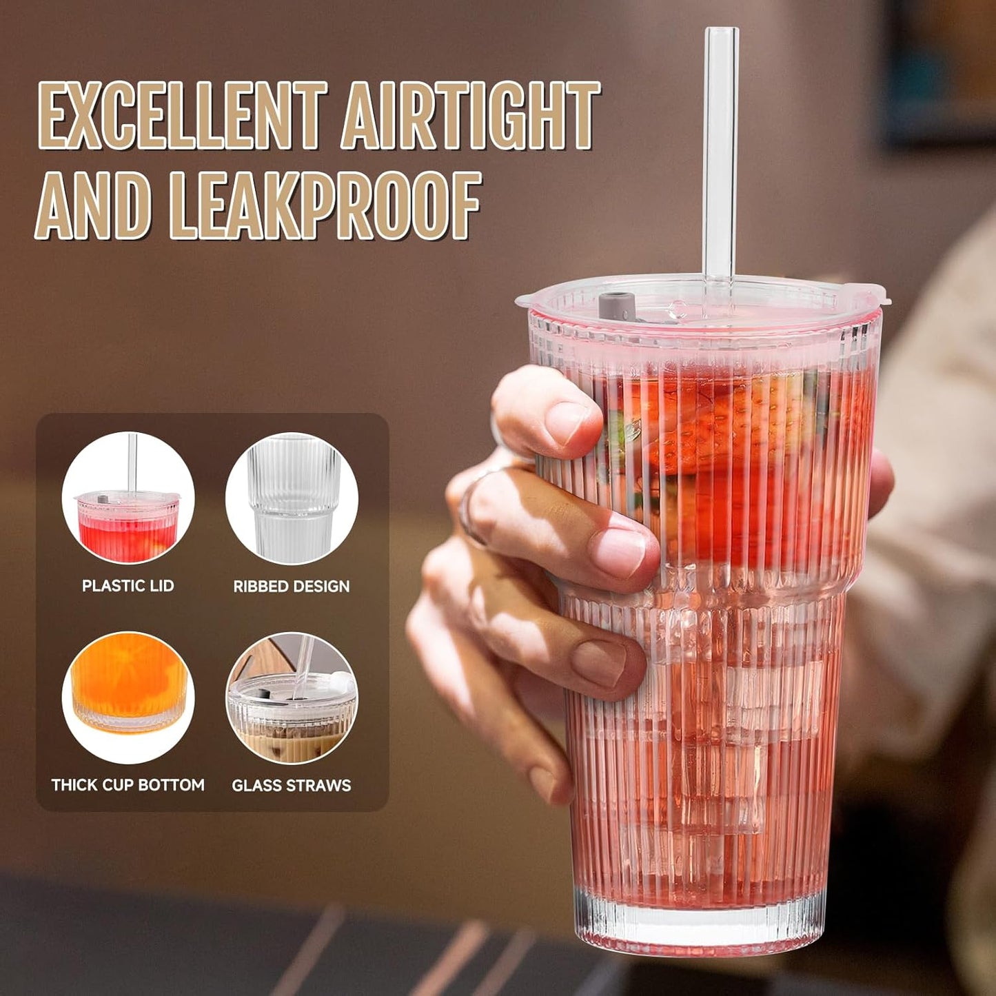 20oz Glass Cups with Lids and Straws, 4 Pack Vintage Ribbed Glass Tumblers for Iced Coffee, Smoothies, Thickened Wall Mason Jar Drinking Iced Coffee Cup