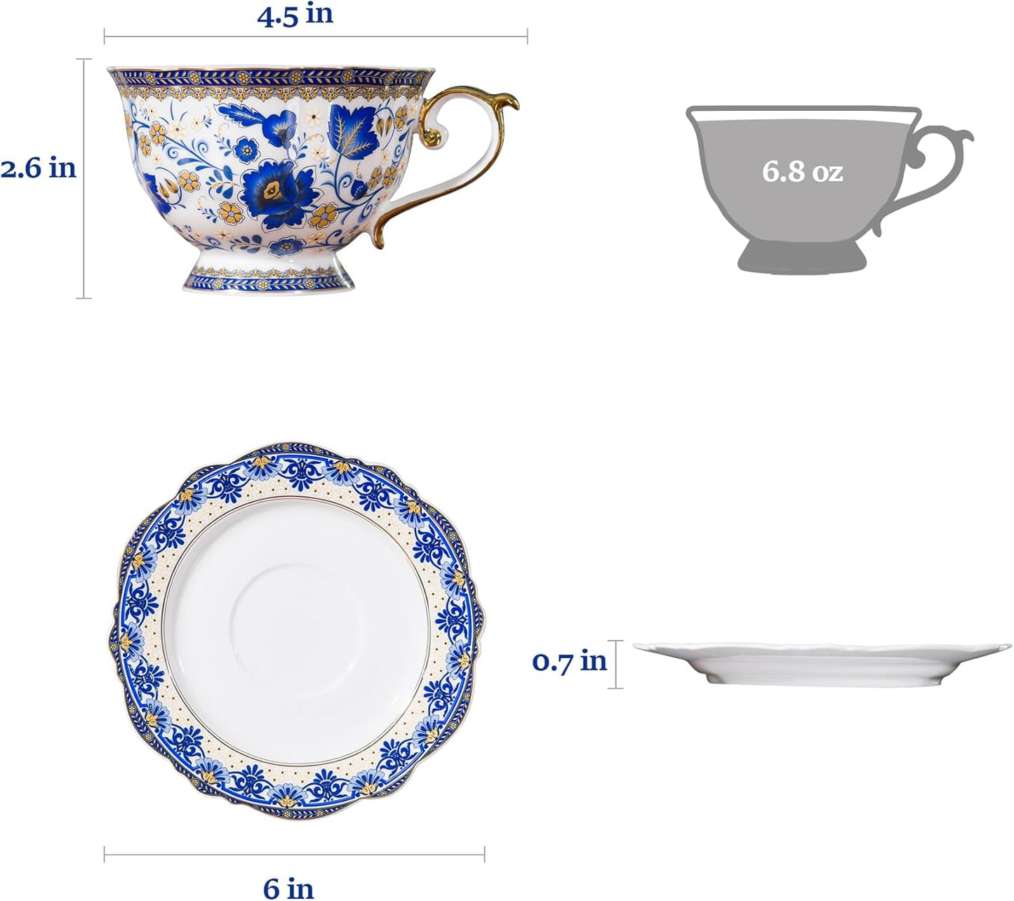 ACMLIFE Bone China Tea Cups and Saucers, 6.8 oz Tea Cup and Saucer Set, with Gold Trim and Gift Box, Blue and White (Blue-D)
