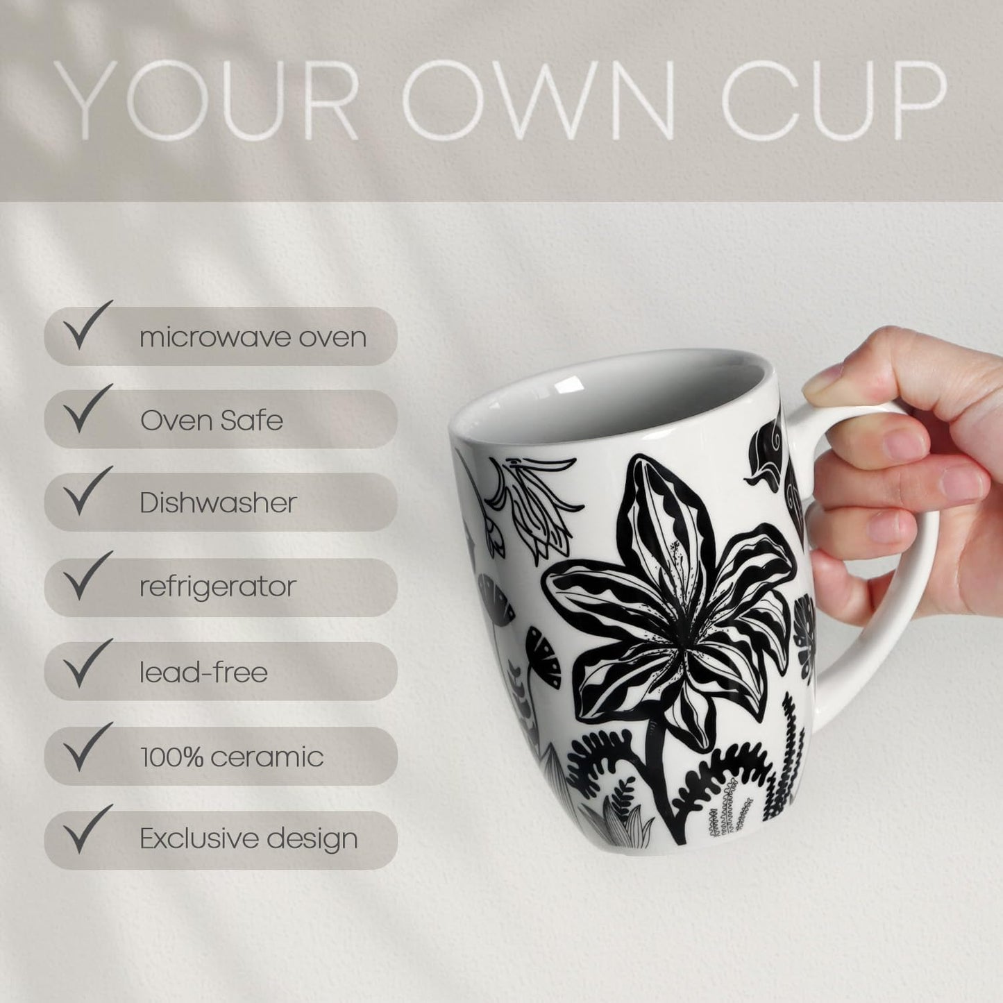 16oz Black and White Boho Floral Mug - Unique Coffee Mugs and Tea Cup, Novelty Ceramic Cups Gifts for Women and Men.