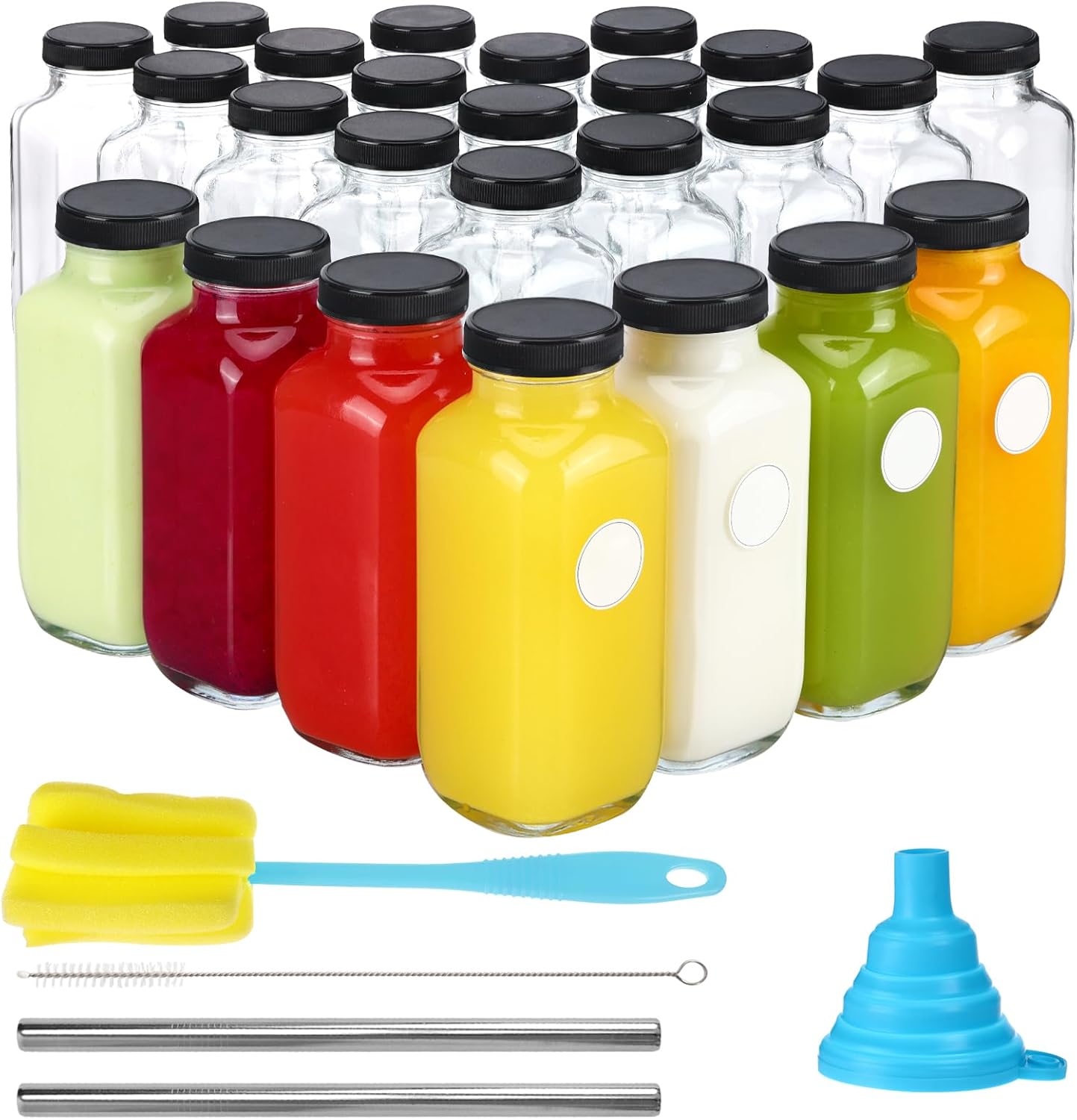CUCUMI 24pcs 16oz Glass Juice Bottles with Lids, Reusable Vintage Glass Drinking Bottles with Blank Labels, Brush, Straws, Funnel for Storing Tea, Kombucha, Milk