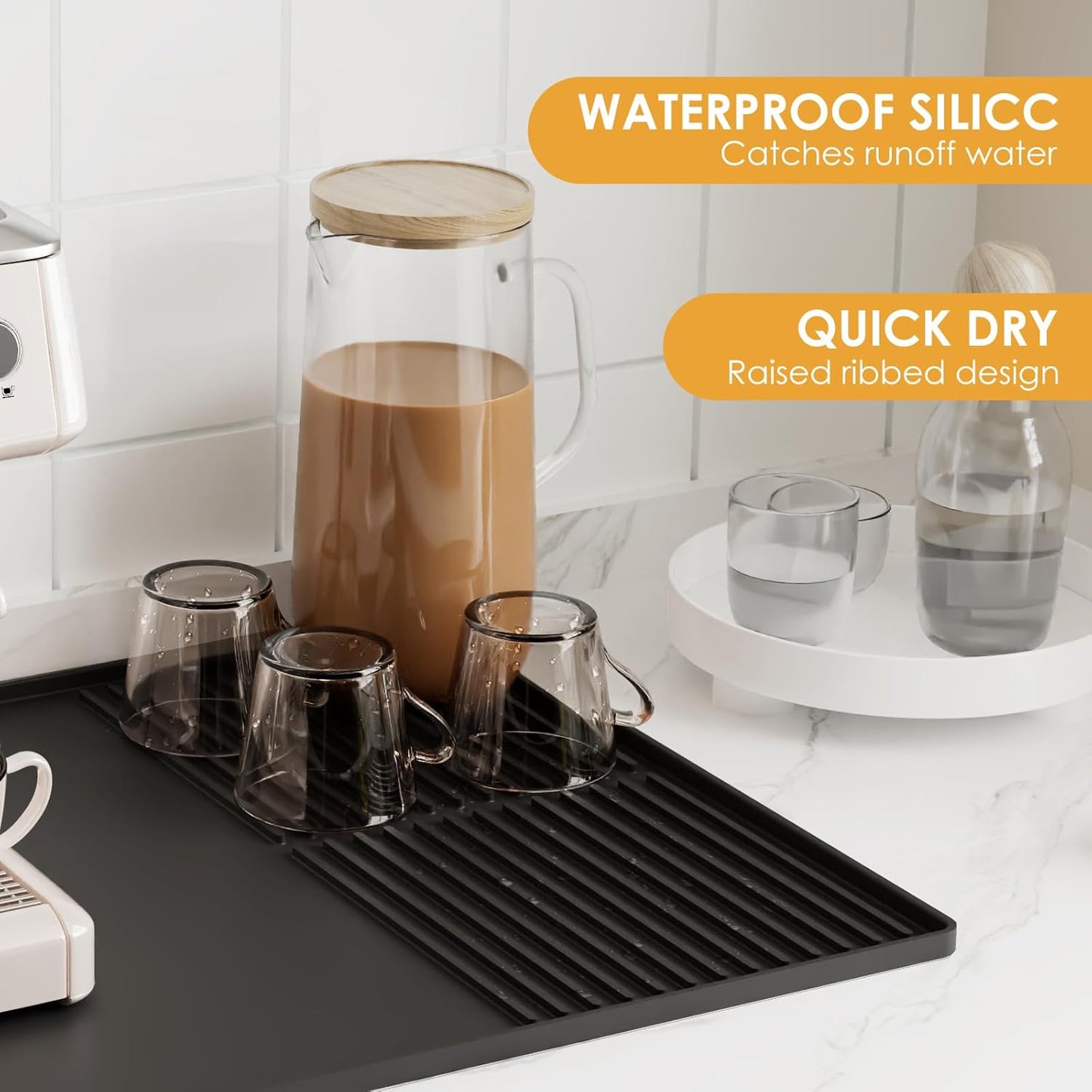 Silicone Coffee Mat with Raised Edges, , 24'' x 16'', Bar Mat for Countertops, Bar Accessories, Coffee Maker Mat, Espresso Machine, Dish Drying Mat (BLACK)