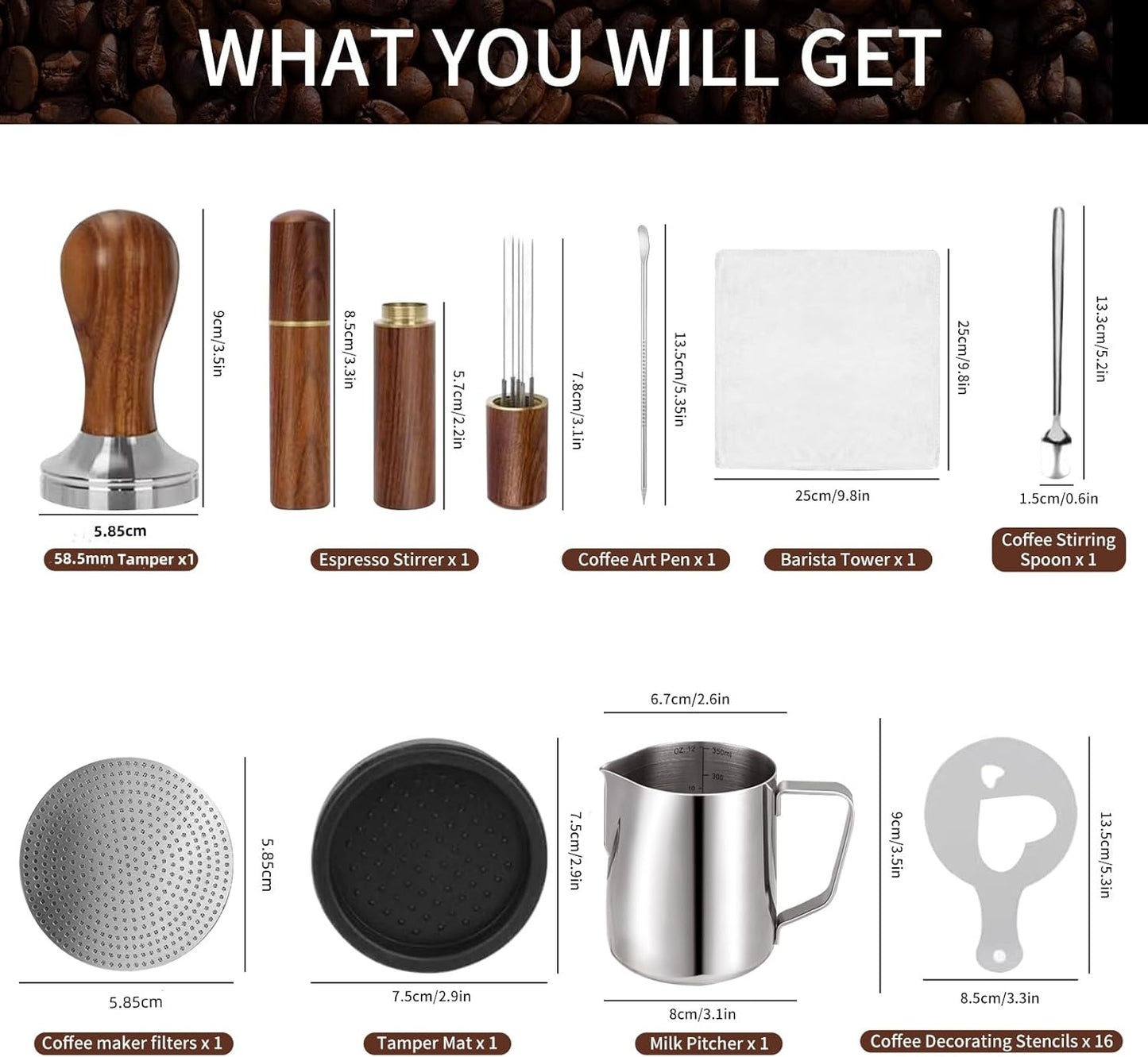 58.5mm,Espresso Accessories Kit, 24PCS Coffee Tamper Set ， Barista Kit, WDT Tool,stainlesss Frothing Pitcher, Stirrer, Tamper Mat, Latte Art Pen ， Coffee puck screen