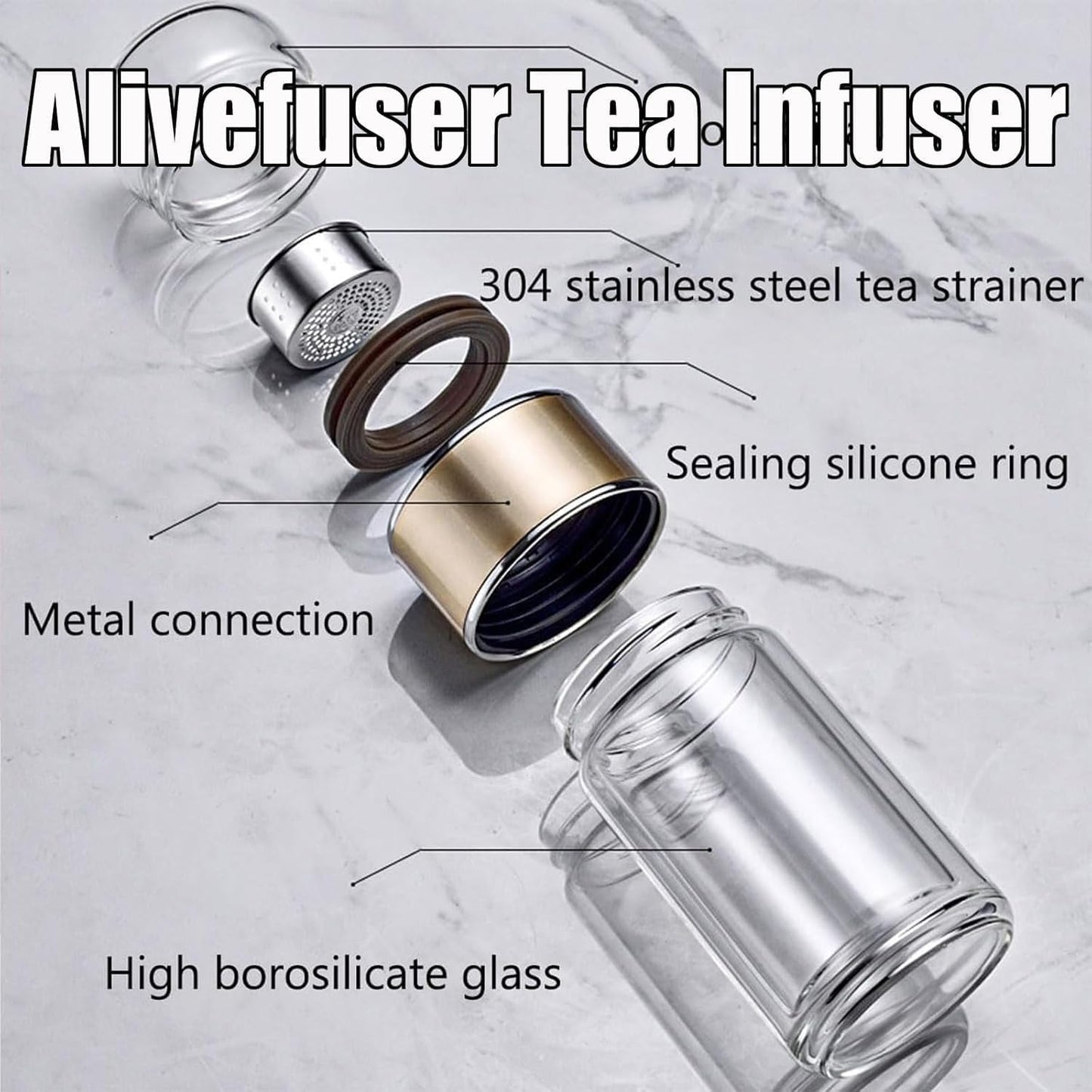 Tryteava Glass Infuser, Tryteava 3-in-1 Smart Tea Infuser, Portable Glass Double Wall Tea Infusers Bottle, with Stainless Steel Filter, Hot & Cold Brew, For Loose Leaf, Office Home (Black, 350ml)