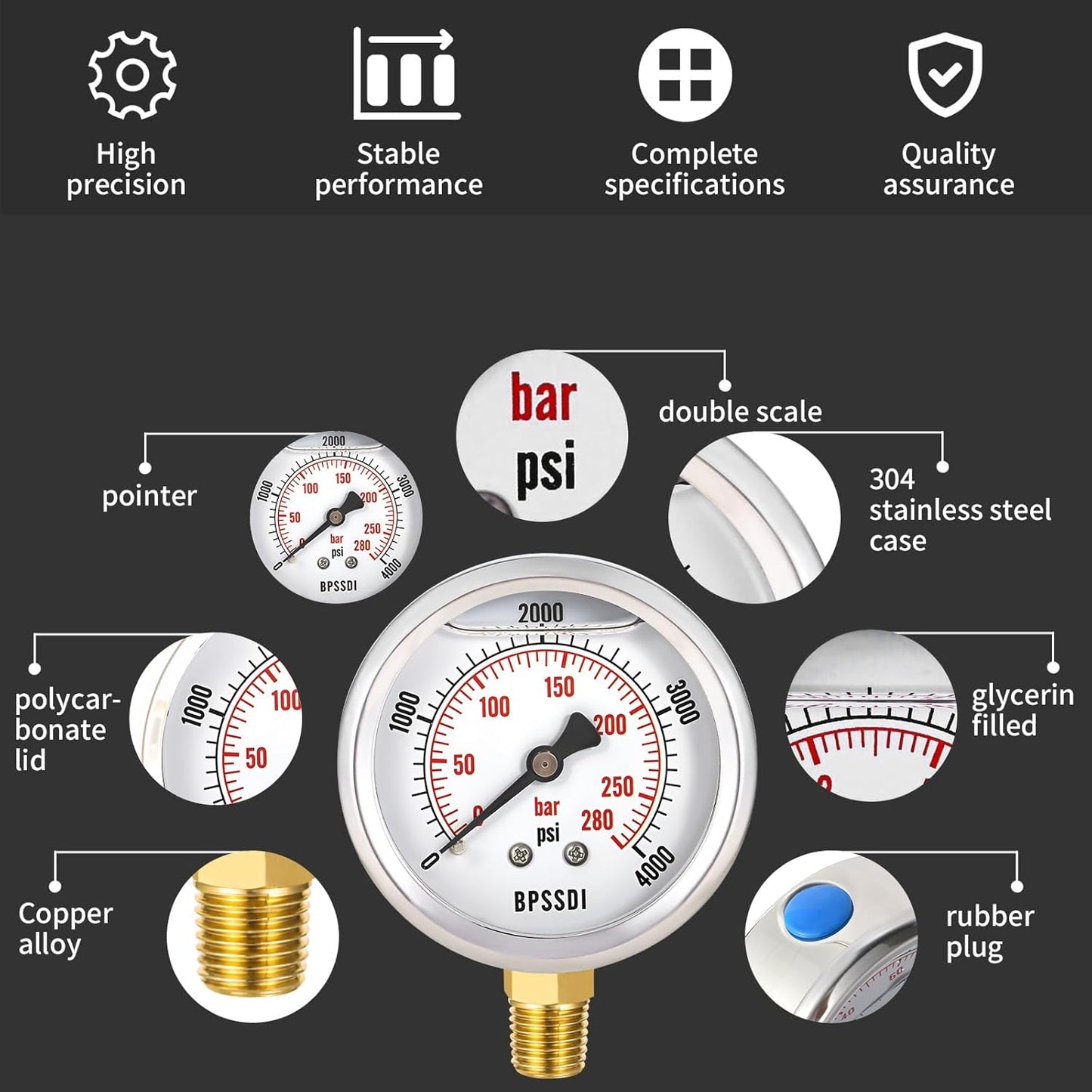 0-4000 Psi Glycerin Liquid Filled Hydraulic High Pressure Gauge, 2.5" Dial Size, 1/4" NPT Lower Mount, 304 Stainless Steel Case, for Water Oil Air Gas Pressure Test