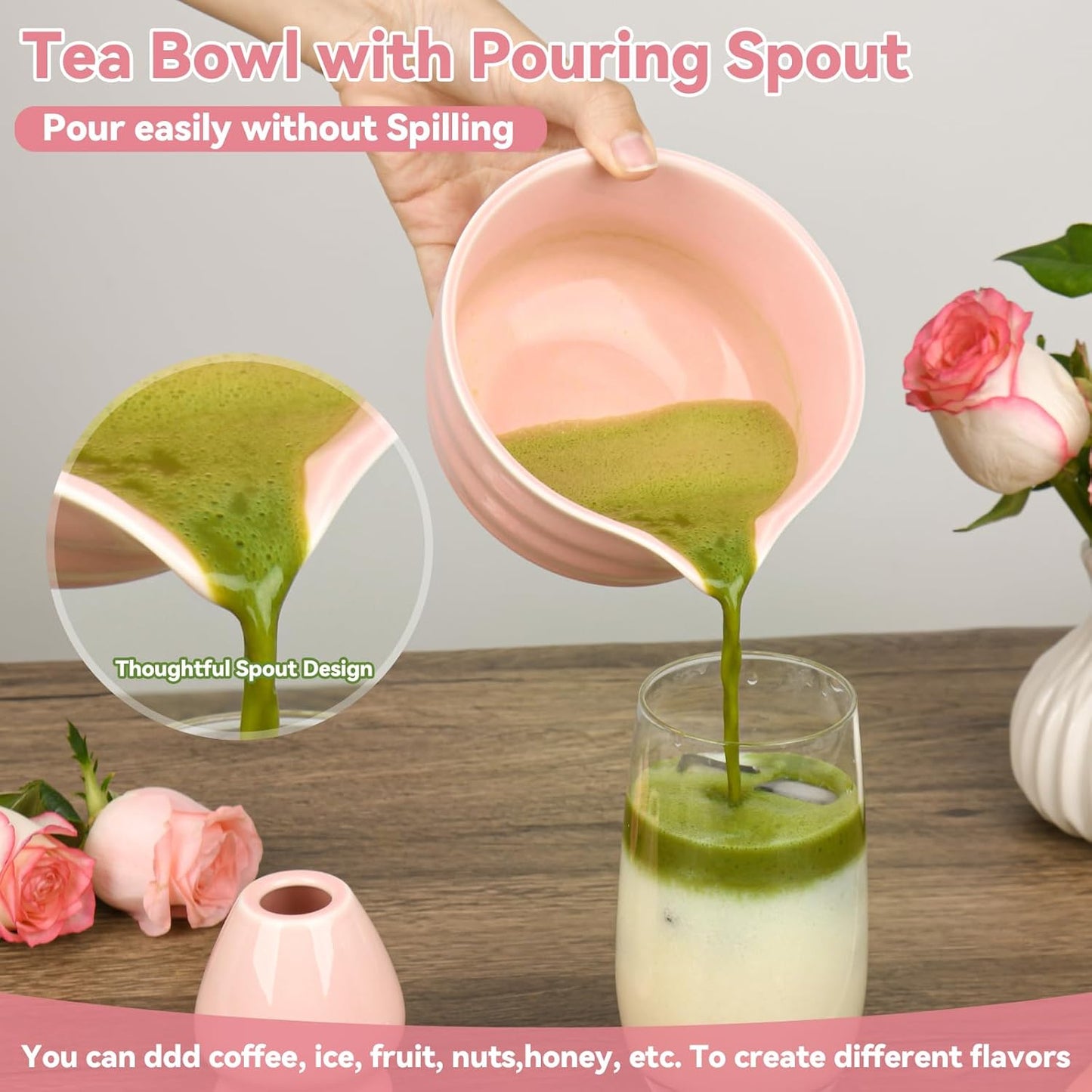 Pink Matcha Whisk Set - Ceramic Matcha Making Kit with Bamboo Whisk, Scoop, Bowl, Ceramic Holder & Sifter –5 PCS Handcrafted Elegant Japanese Tea Ceremony Tools Gift for Matcha Lovers