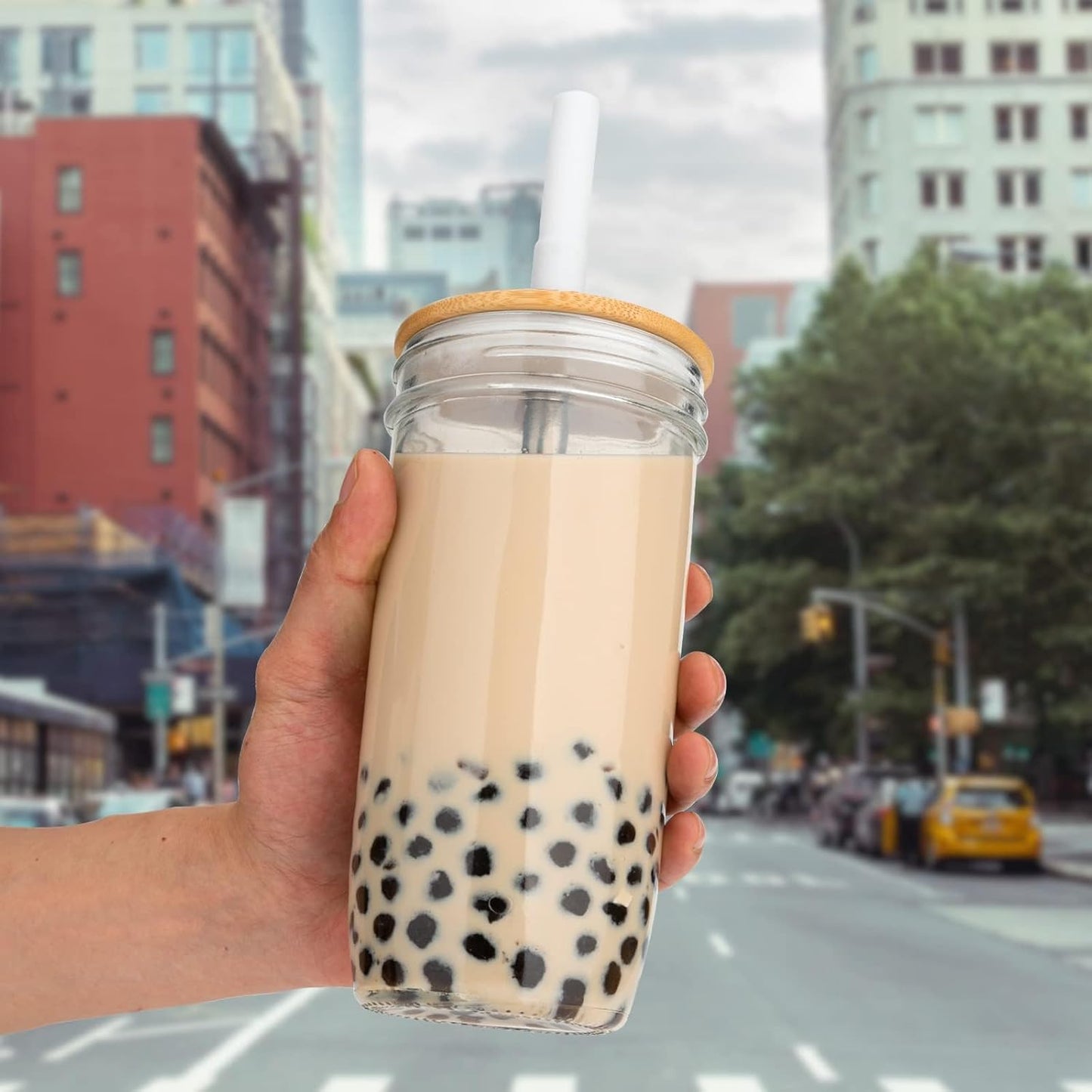 Glass Tumbler with Lids and Straws 2 Pack, 24oz Glass Drinking Jars with Lids and Straws,Reusable Wide Mouth Mason Jar Iced Coffee Cup,Smoothie Cup Coffee Travel Mug for Car/Home-Pink/Coffee