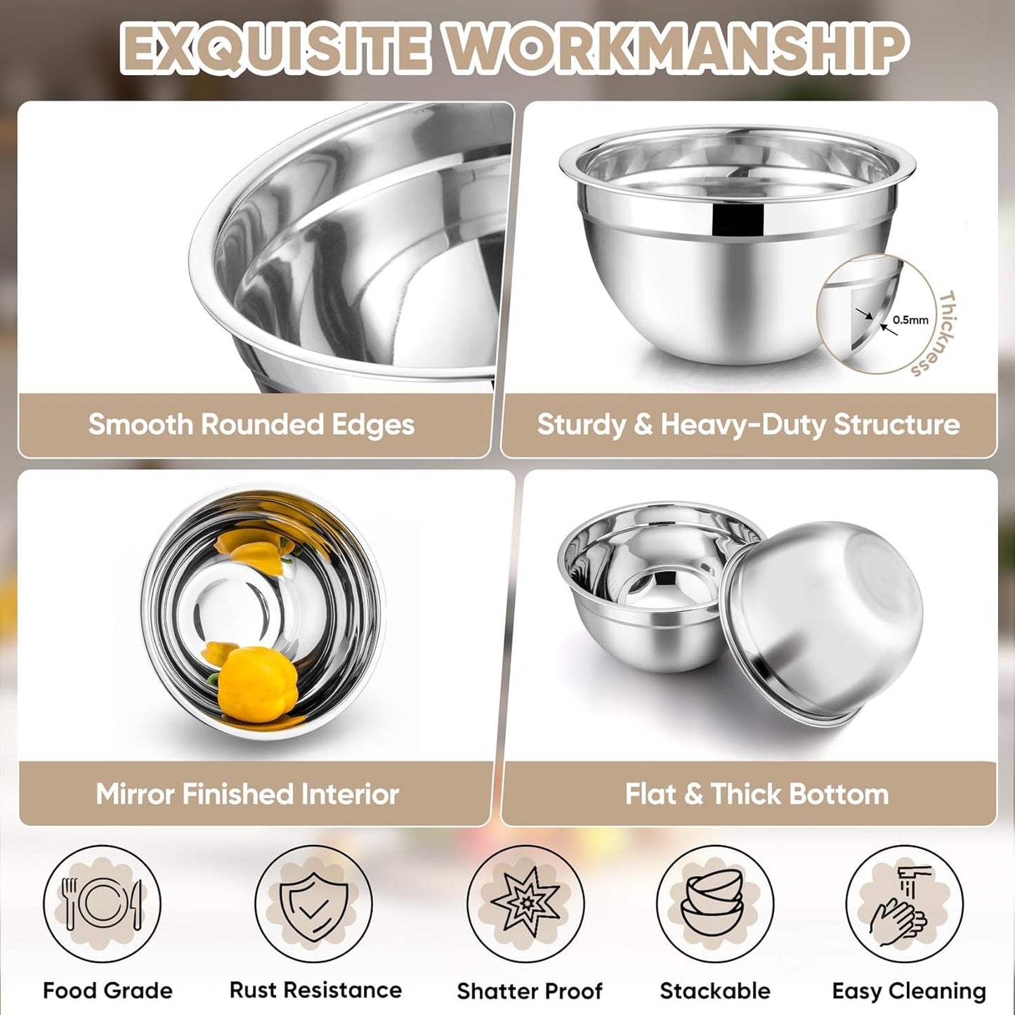 TeamFar Mixing Bowls, 4.5/3/1.5/1/0.7 QT, Stainless Steel Metal Nesting Salad Bowl with Lid Set, Ideal for Mixing Serving, Non-Toxic & Sturdy, Airtight Lid & Easy Clean, Red-Set of 5