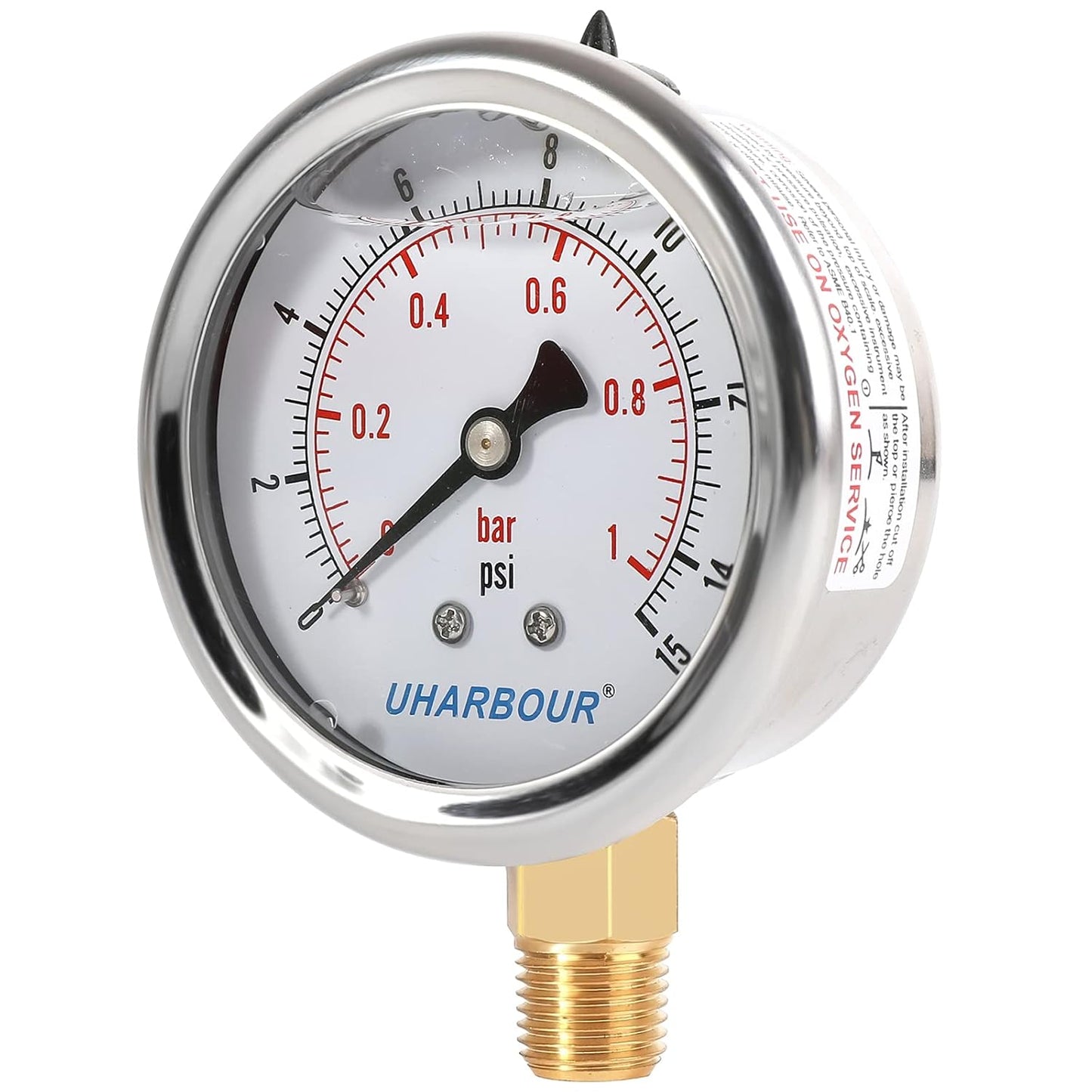 Glycerin Filled Low Pressure Gauge 15psi/1bar, Stainless Steel case, Brass Inside Construction, 2-1/2" dial, 1/4" NPT Rear Connection.